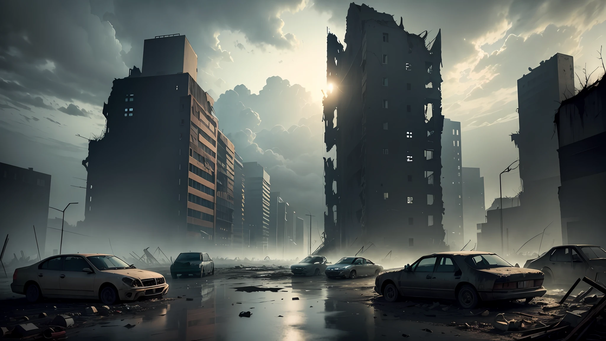 night, inside of destroyed city view, ruins, dark cloud, a lots of broken cars, no humans, raining day, ((apocalyptic)), (masterpiece:1.3), (best_quality:1.3), (ultra_detailed:1.3), 8k, extremely_clear, realism, (ultrarealistic:1.3),