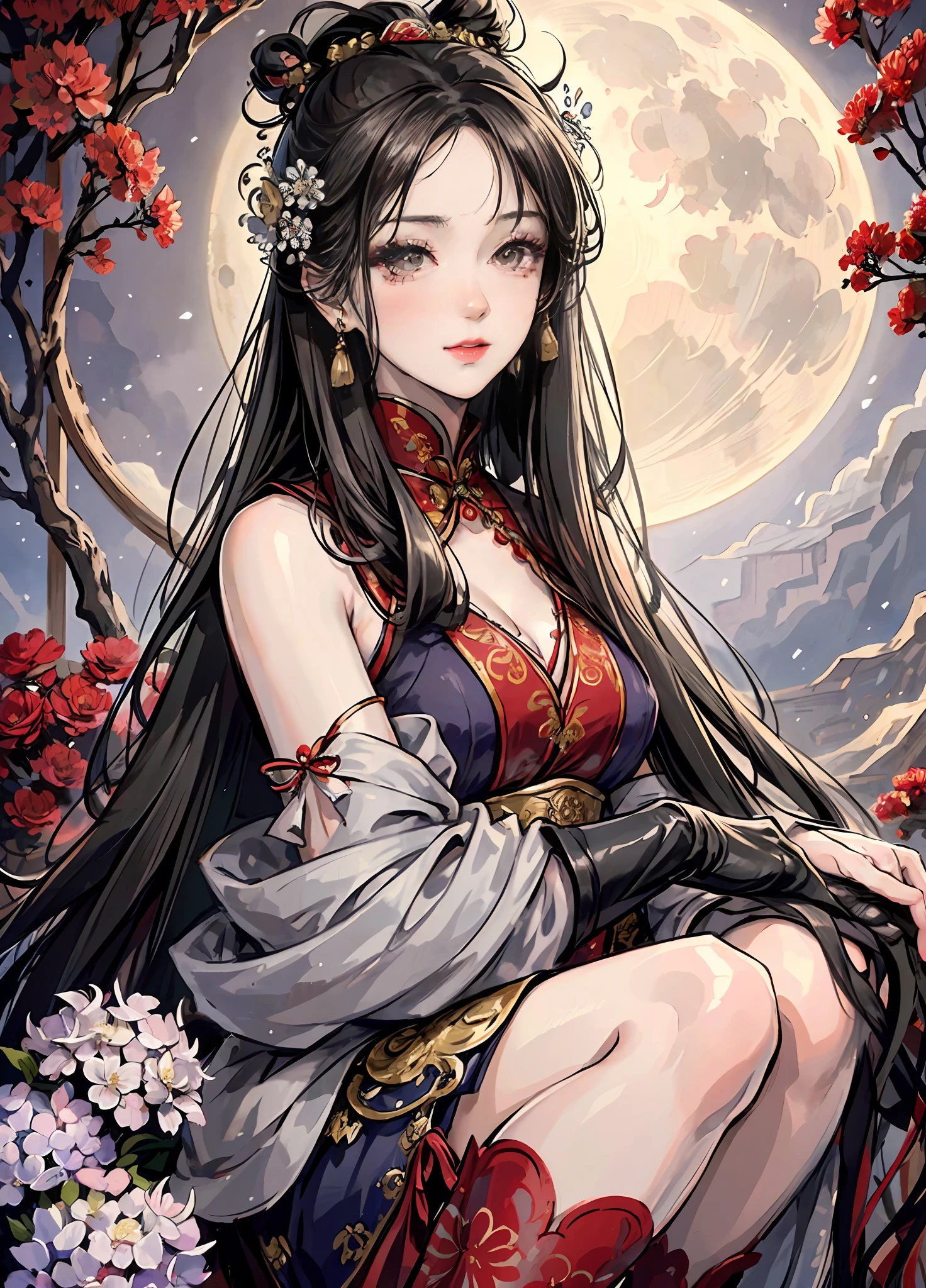 Masterpiece, Superb Product, Night, Full Moon, 1 Woman, Mature Woman, Chinese Style, Antique Chinese, Sister, Royal Sister, Smile, Brunette Hair, Updo, Red Lips, Calm, Intellectual, Hairpin, Hair Flower, Detailed Facial Details, Detailed Eyes, Full Body, Gray Eyes, Long Hair, Hydrangeas