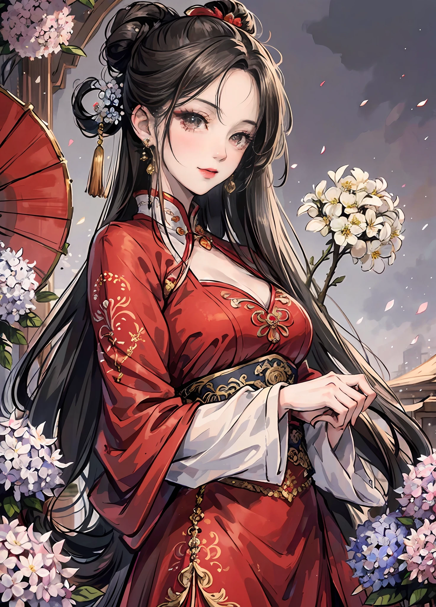 Masterpiece, Superb Product, Night, Full Moon, 1 Woman, Mature Woman, Chinese Style, Antique Chinese, Sister, Royal Sister, Smile, Brunette Hair, Updo, Red Lips, Calm, Intellectual, Hairpin, Hair Flower, Detailed Facial Details, Detailed Eyes, Full Body, Gray Eyes, Long Hair, Hydrangeas