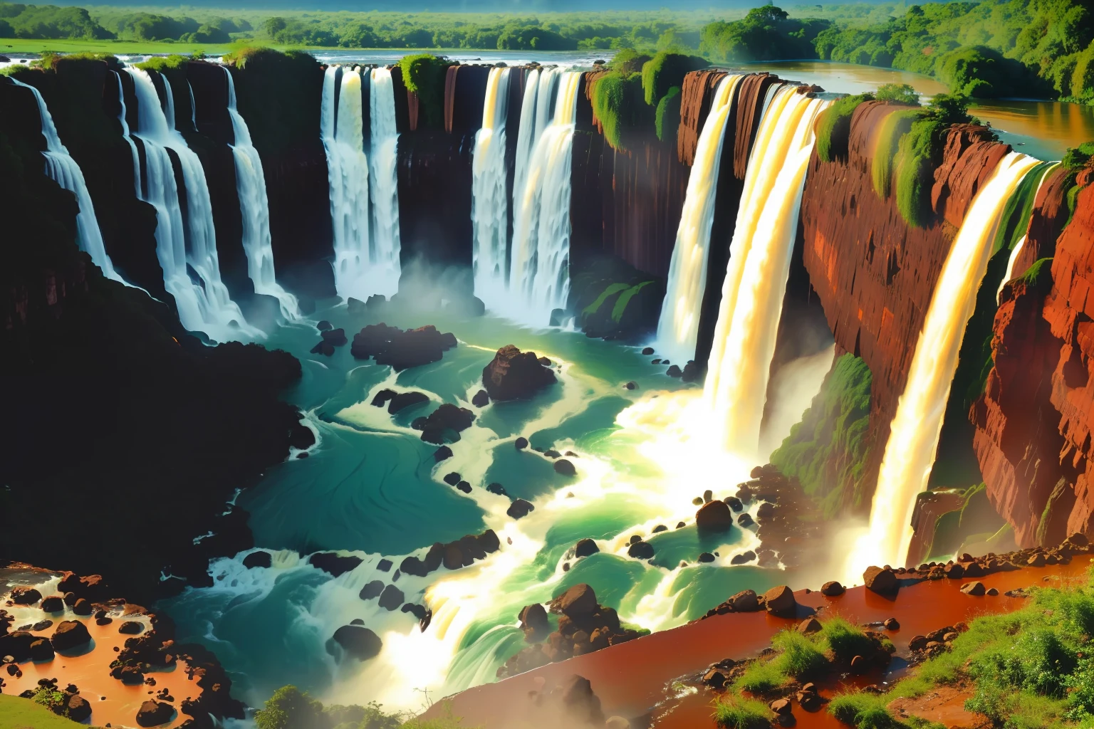 Iguazu falls. Waterfalls in middle of the tropical jungle, Devil's Throat massive waterfall. Illuminated by natural sunset light.