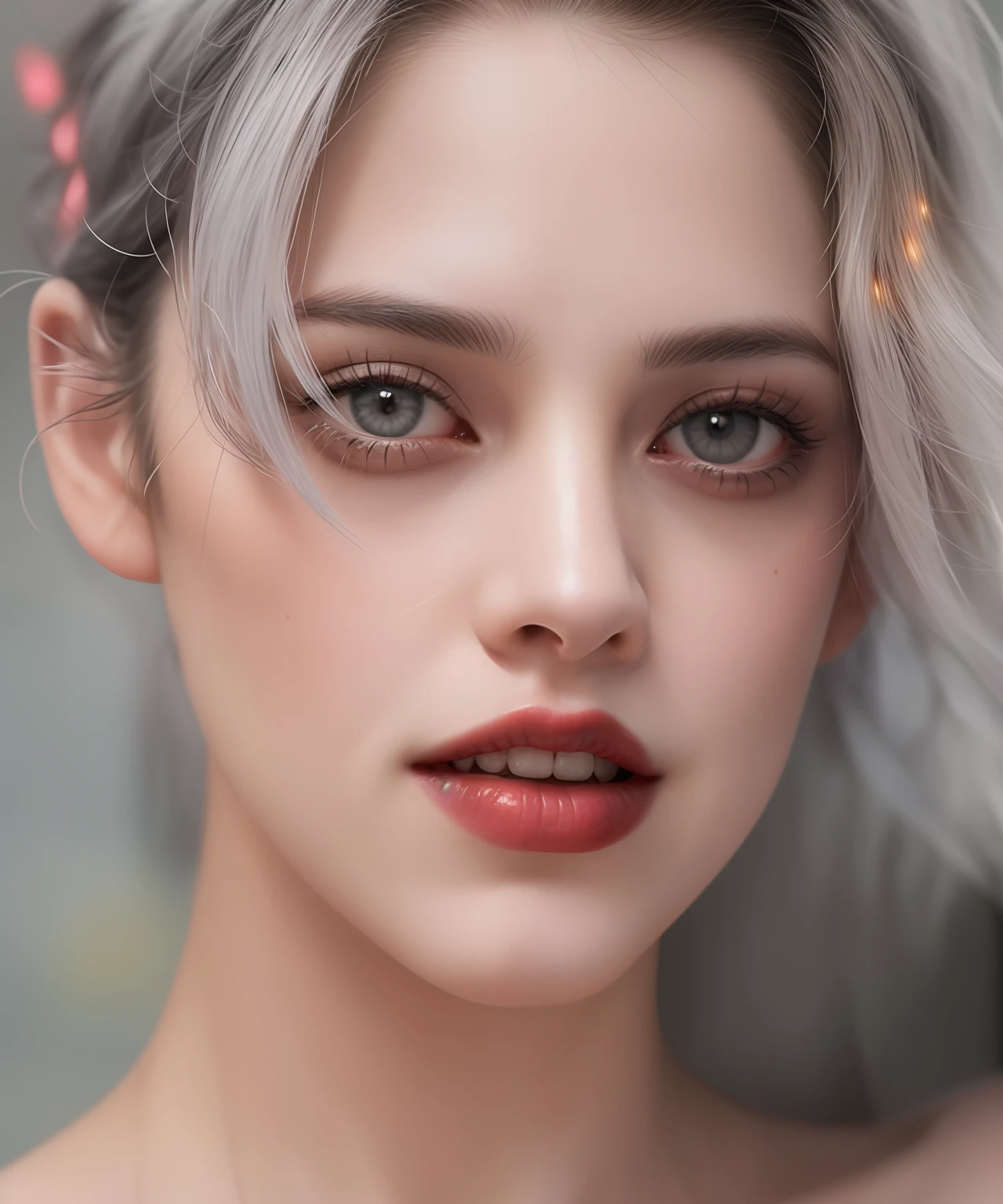 Kristen Stewart, 25 years old model, [[[[closeup]]]], [[[[big chest]]]], [[[[neck]]]], [[[[Half the body]]]], black short hair, Detailed gray eyes, Perfect iris, Light makeup around the eyes, Perfect red lips , perfect teeth, Perfect smooth skin , big chest , Belly button , Soft front light, glow, hdr, (bright colors:1.2)