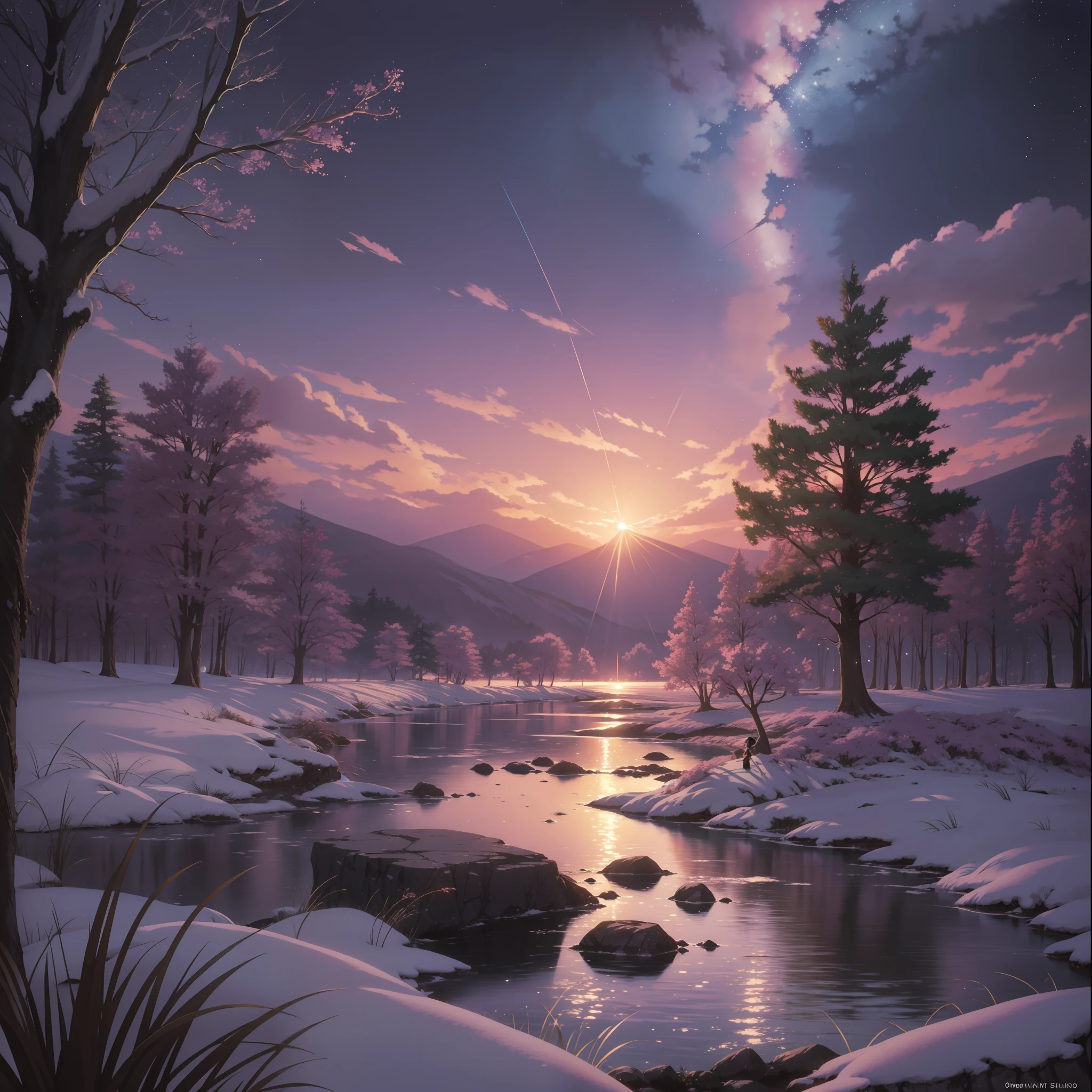 The picture is bright and well lit. no humans. (((Makoto Shinkai style)),pixiv,anime drawing,high quality,pink purple sky,beautiful scene),(universe,train passing,magical realism,((makoto shinkai style)) ::0.8), [Artistic Atmosphere, Atmosphere:0.8, Starry Sky, Hills, Snow Mountain, Sparkling Water, Grass, Trees, Smoke, Stars, Low Angle of View, Specular Scattering,