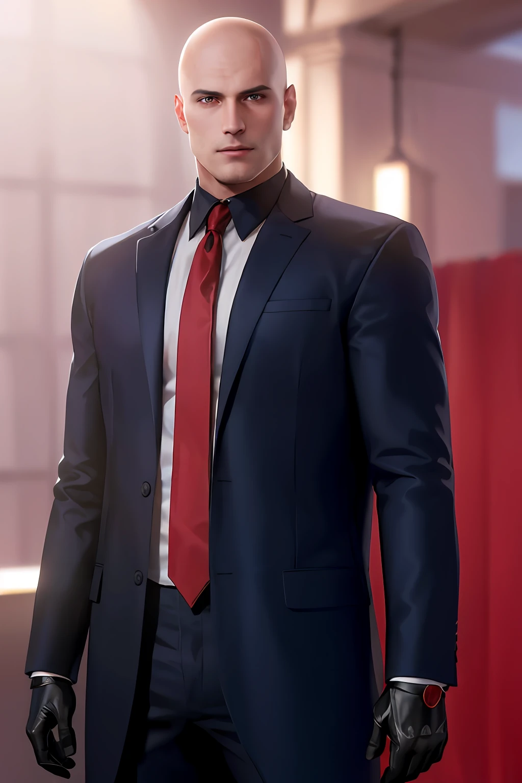 Bald man Arafed in a suit and red tie standing in a bedroom, he is wearing a suit, terno e gravata, em seu terno, terno escuro, usando terno e gravata, 8k portrait render, usando terno e gravata, de terno, usando terno e gravata, em um terno estrito, Detalhes do caractere 8K