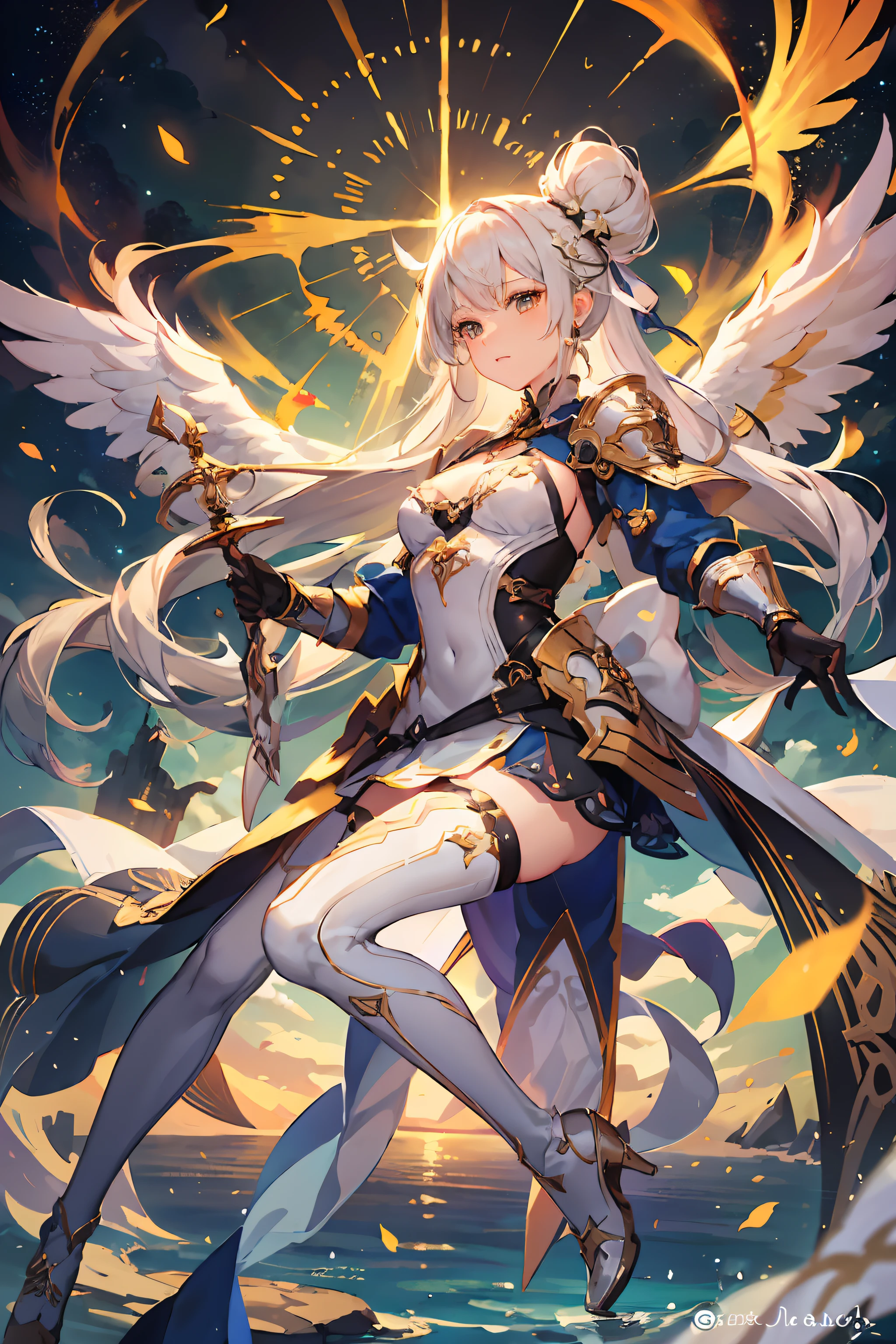 ((4K,masutepiece,Best Quality)), maxiskit, dress conservatively 1 girl, Solo, Full body, wide shoot, holding sword down, White hair, Long hair, armor, Angel, White bra, side bun, from the front side,  Angel Halo, Dazzling golden and orange sparks, extra size body, Night, mont, look at viewr