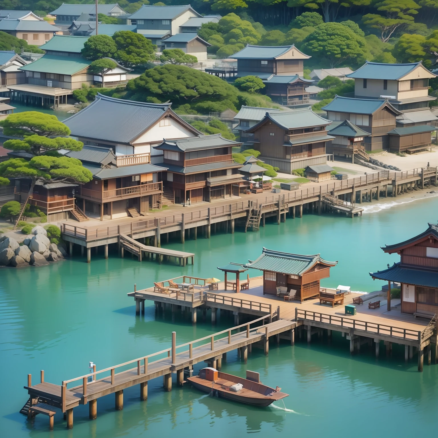 Traditional japanese sea port, vacation resort, sunny, white beaches, wooden dock piers, sea, big body of water