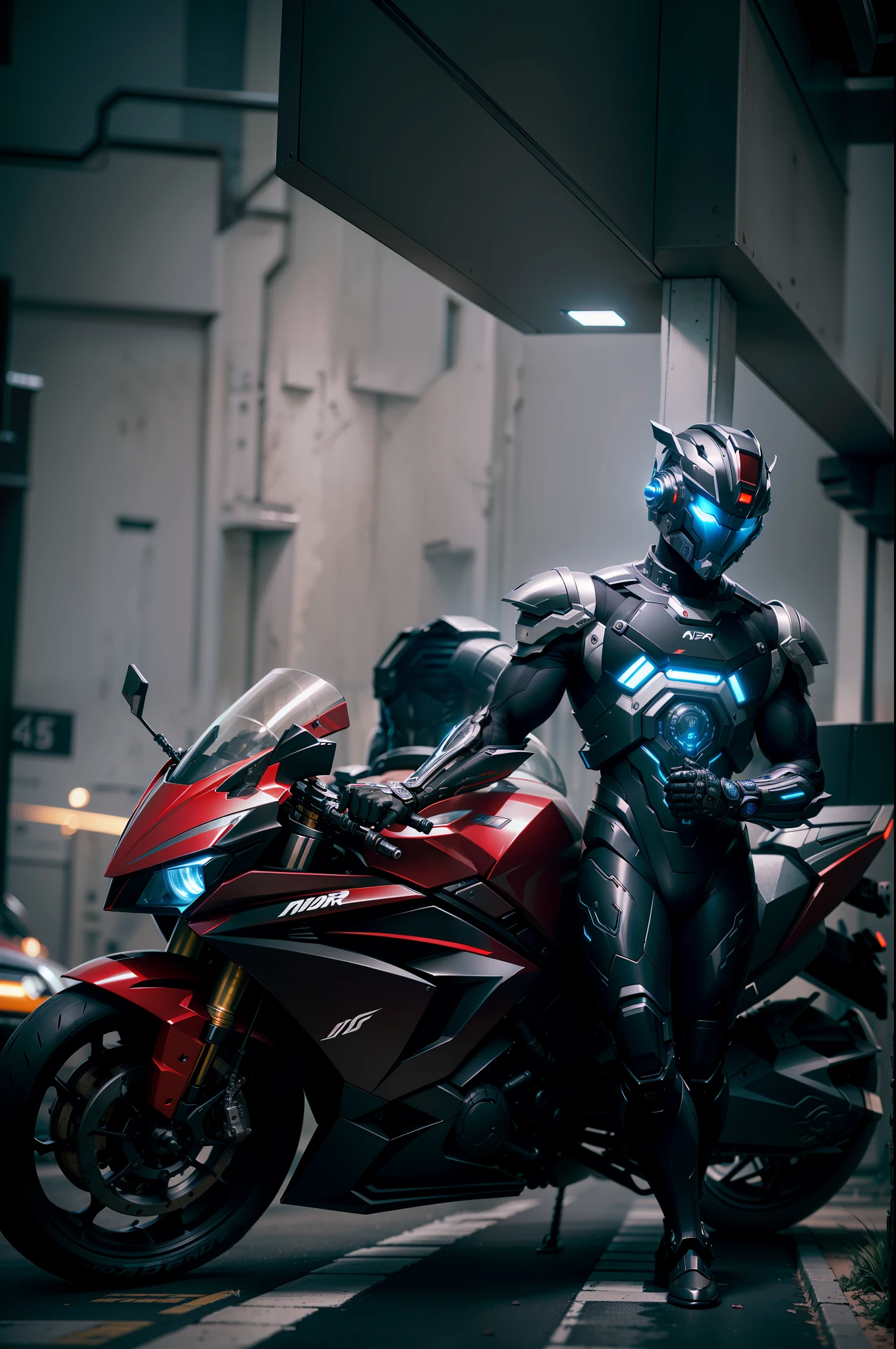 Cyber Man Warrior and Cyber Mechanical Motorcycle, Full Body Exquisite High-Tech Armor, Exquisite Black Tech Helmet, Nousr, Biomechanics, MSHN Robot Man, High-Tech Helmet, Surreal, Steel, Intricate Design, Crazy Details, Fine Details, Extremely Clear Lines, Cinematic Lighting, Photo Realistic, Detailed Masterpiece
