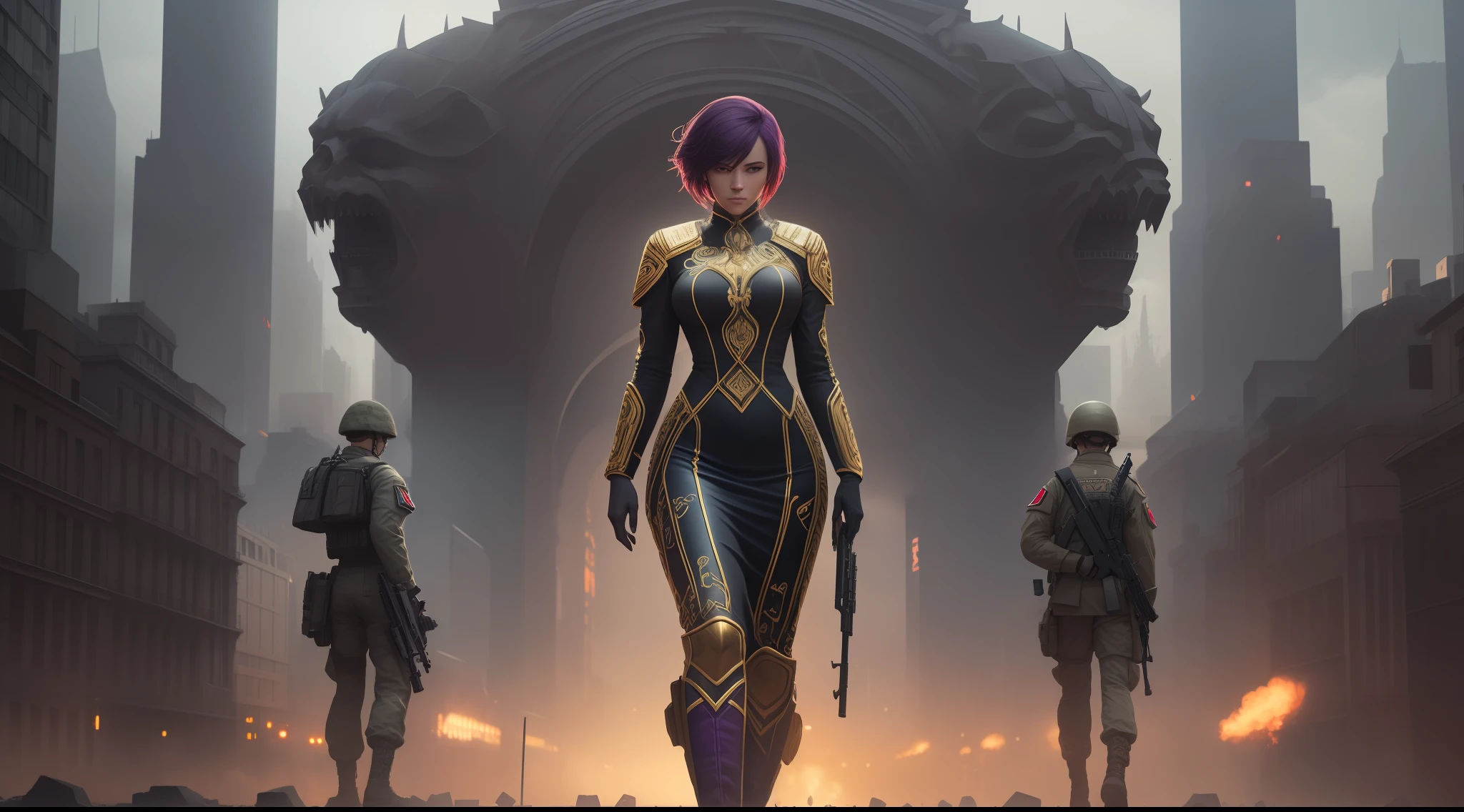 A soldier woman with short purple hair on the back of her head and very long in the city with other soldiers with big guns, nice geometric leather uniforms with golden circuits on them, vibrant, realistic, stunning realistic photograph, 3d render, octane render, intricately detailed, cinematic, trending on artstation, perfect eyes. Isometric, Centered hipereallistic cover photo, awesome full color, hand drawn, dark, gritty, mucha, klimt, erte 12k, high definition, cinematic, neoprene, behance contest winner, portrait featured on unsplash, stylized digital art, smooth, ultra high definition, 8k, unreal engine 5, ultra sharp focus, intricate artwork masterpiece, ominous, TanvirTamim, trending on artstation, by artgerm, h. r. giger and beksinski, highly detailed, full body