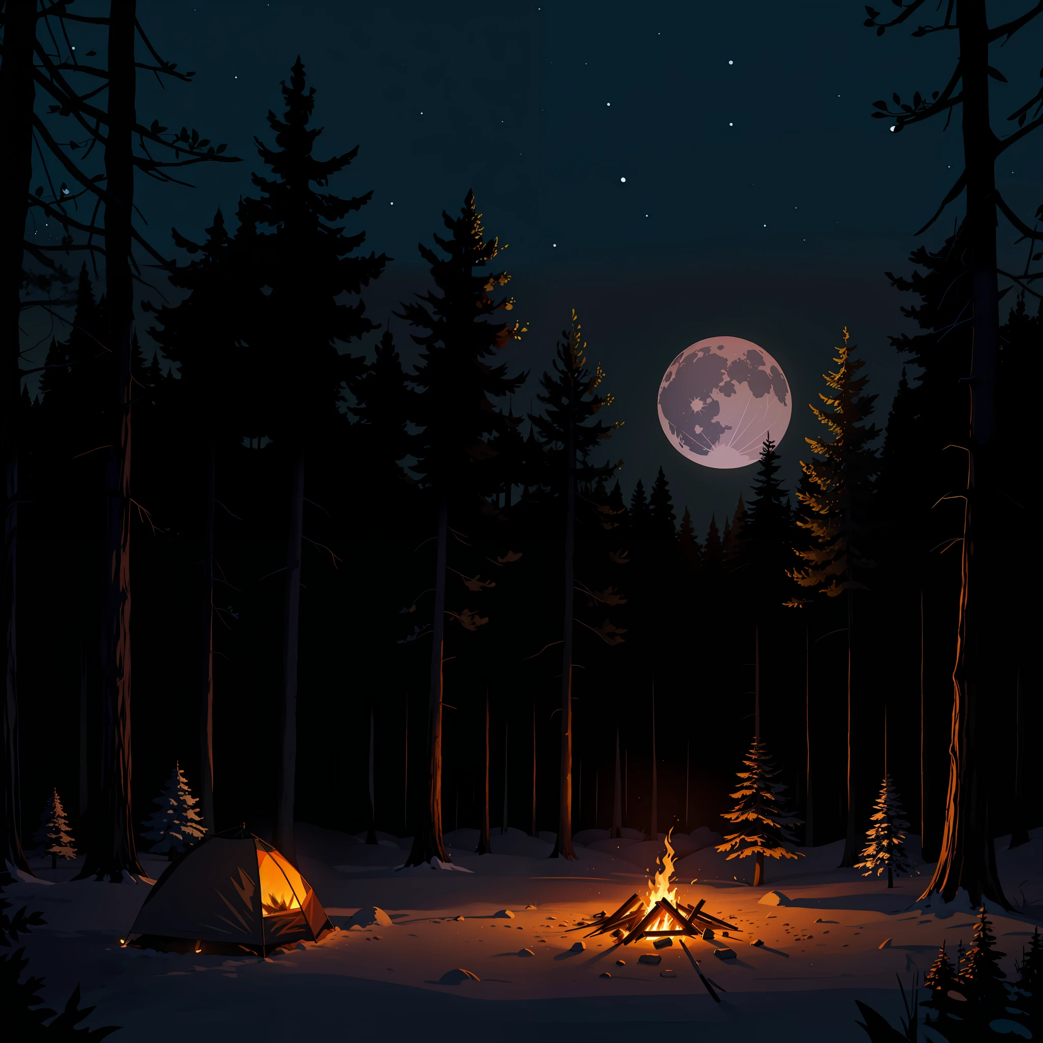 There is a bonfire in the middle of a snowy forest, noite calma. digital illustation, cena noturna tranquila da floresta, em uma fogueira na floresta, Noite na floresta, Fundo da fogueira, on a bonfire at night, ambiente florestal ao luar, in the forest at night, fogueira, fundo da floresta noturna, in the forest at night, floresta noturna, arte de fundo