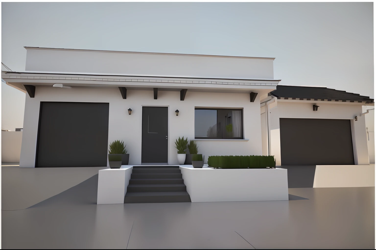 There is a small white building with a black door and a flower pot, renderizar 3 d, 3d final render, 3 d finalrender, vue 3d render, altamente renderizado!!, 3/4 view realistic, very realistic 3 d render, all white render, corona render, lumion rendering, photorealistic 3d render, photorealistic 3d render