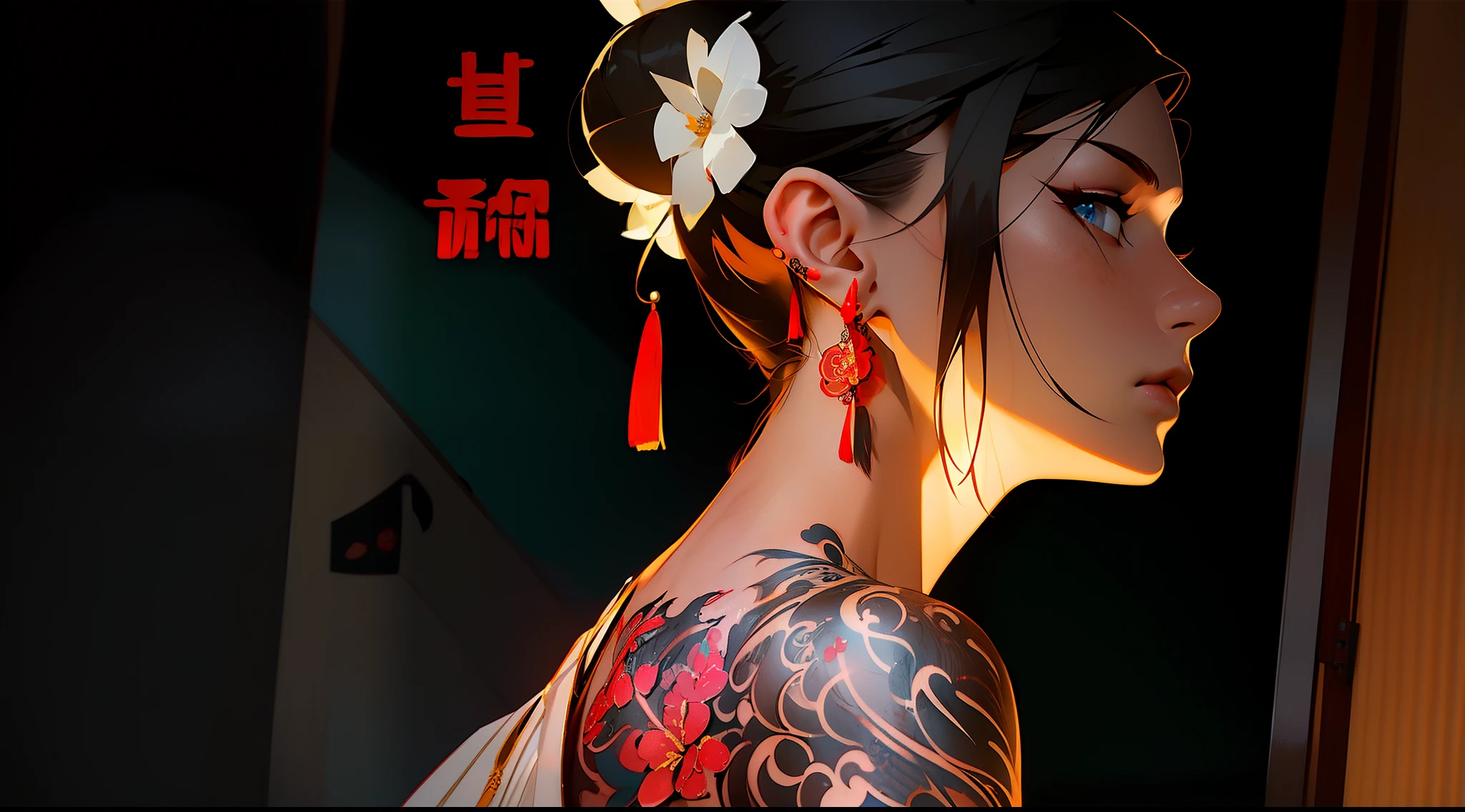 (masterpiece best quality:1.4),1girl, (tattoo of chinese text:1.5), solo, back tattoo, hair flowers, long hair, blue eyes, looking at viewer,back tattoo,tattoo,looking back, from behind, black hair, tassel, bare shoulders, hanfu, chinese clothes,back, bangs, upper body, earrings, indoors, nape, off shoulder, jewelry, eyelashes, lips, back focus, profile, hair bun, sliding doors, piercing, single hair bun,