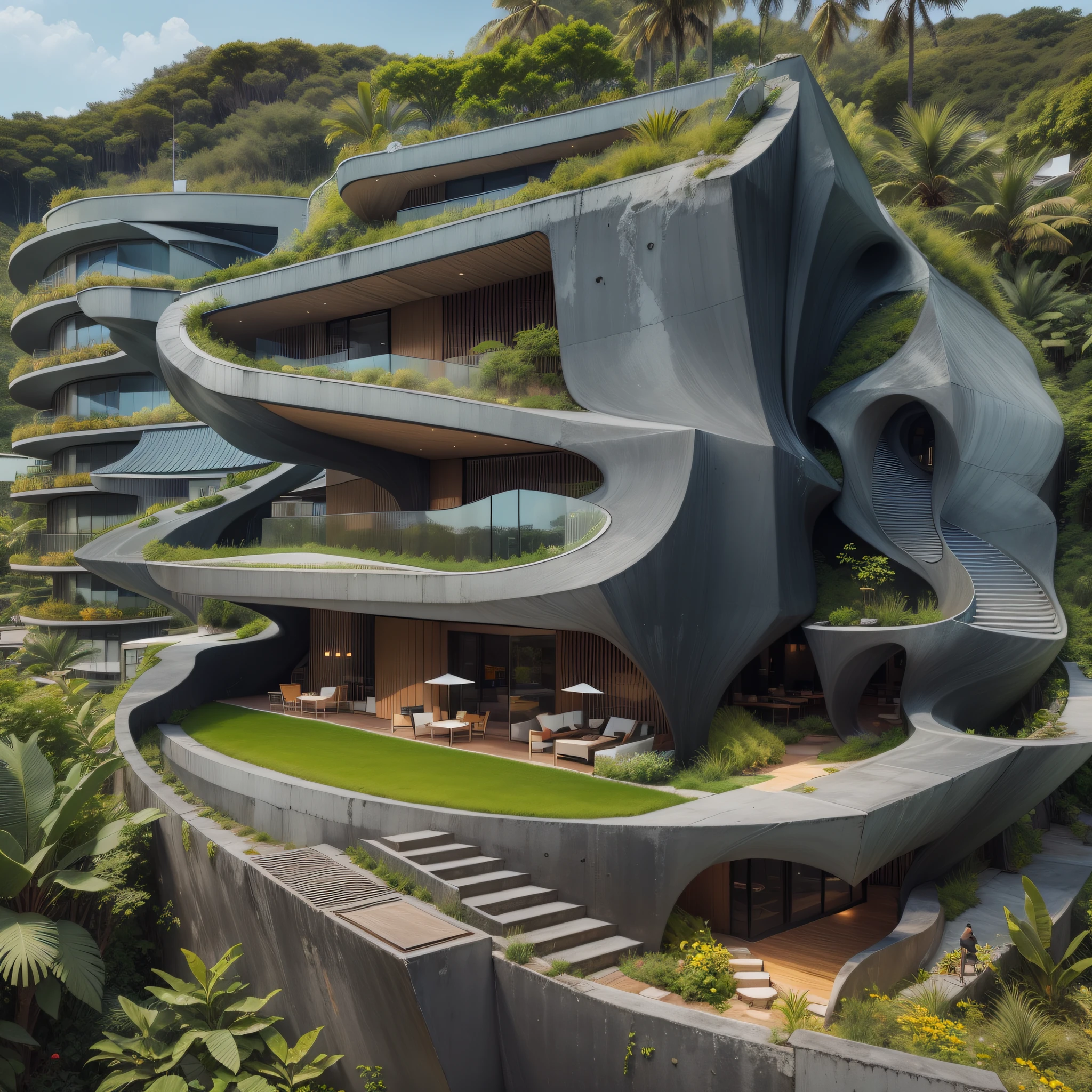 Grande hotel, Arquitetura futurista, building in the background, Architecture of a dark gray concrete building, madeira e vidro, Building with large lawn on the beach, Arquitetura moderna, grande piscina em frente ao hotel, restaurante interior com grandes fachadas em vidro, grandes candeeiros no interior, lots of vegetation around, hotel  com 120 quartos, Arquitetura moderna, organic architecture, Geometria luxuosa, hiper-realista, Fantastic 8K architecture, UHD — AR 16: