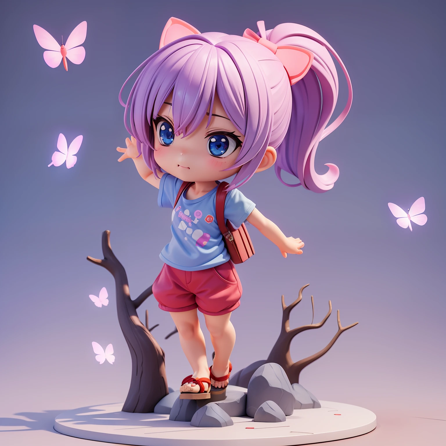 🎇🎆🎡🎢 masterpiece (((chibi 3d))) (((petit)))Cute One Girl。
She has pale purple hair in a ponytail,Blue-gray eyes,Wearing a red gradient t-shirt,Black polka dots,Avant-garde half pants,Wearing string sandals,A butterfly perches on the tip of a finger,
Chibichara,Anime Characters,figurine,Petite and Photoreal