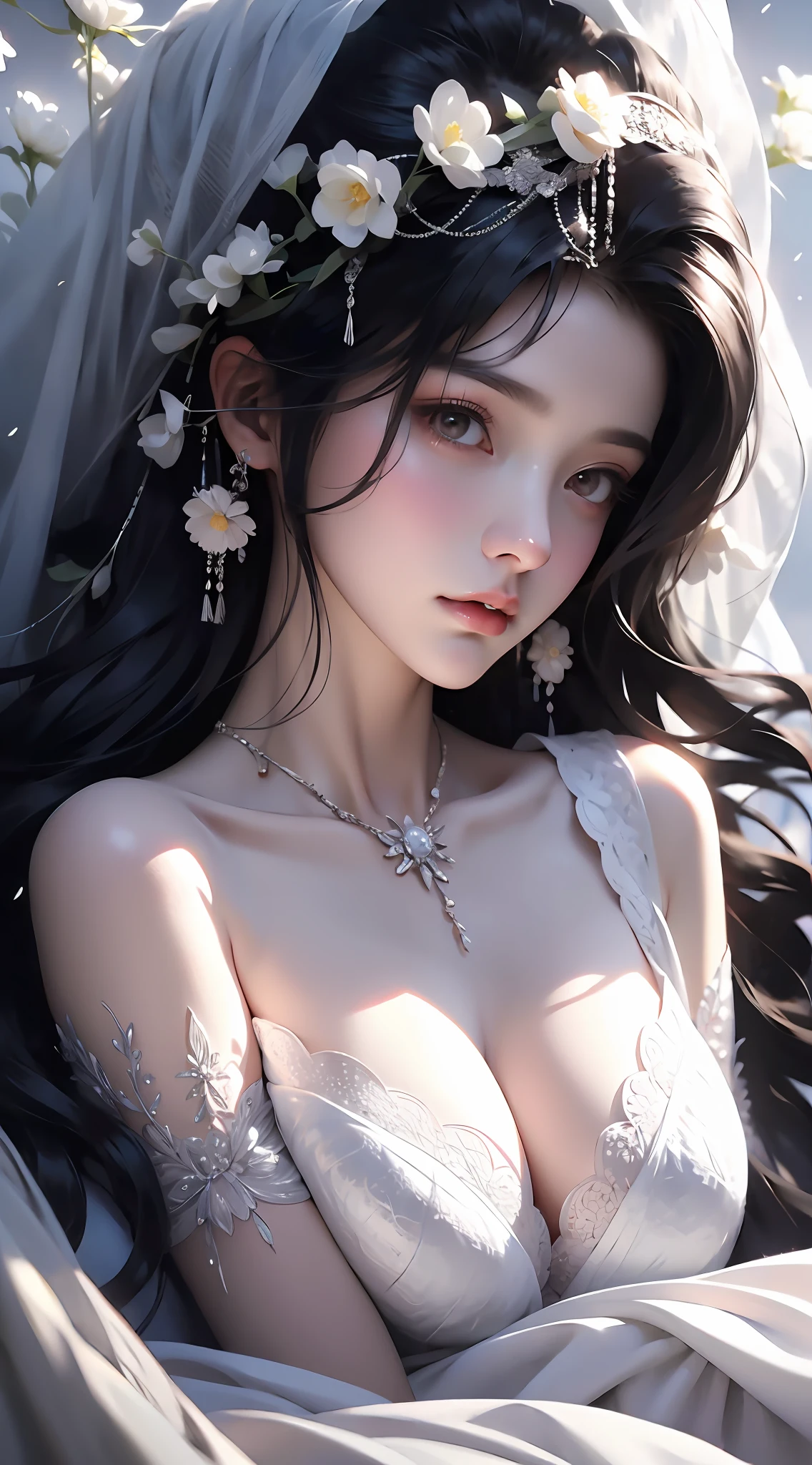 1个Giant Breast Girl,Full body photo,Black color hair,floated hair,Hazy beauty,Extremely beautiful facial features,White embroidered dress,with a hairpin on her head,Lying in the flowers,The hand dragged the chin,perfect hand,White flowers,(springtime, Rainy days, terraced, mountain ranges), Simple vector art, Contemporary Chinese art, the soft light, Tangled scarf,Overlooking,(big breasts exposed cleavage)