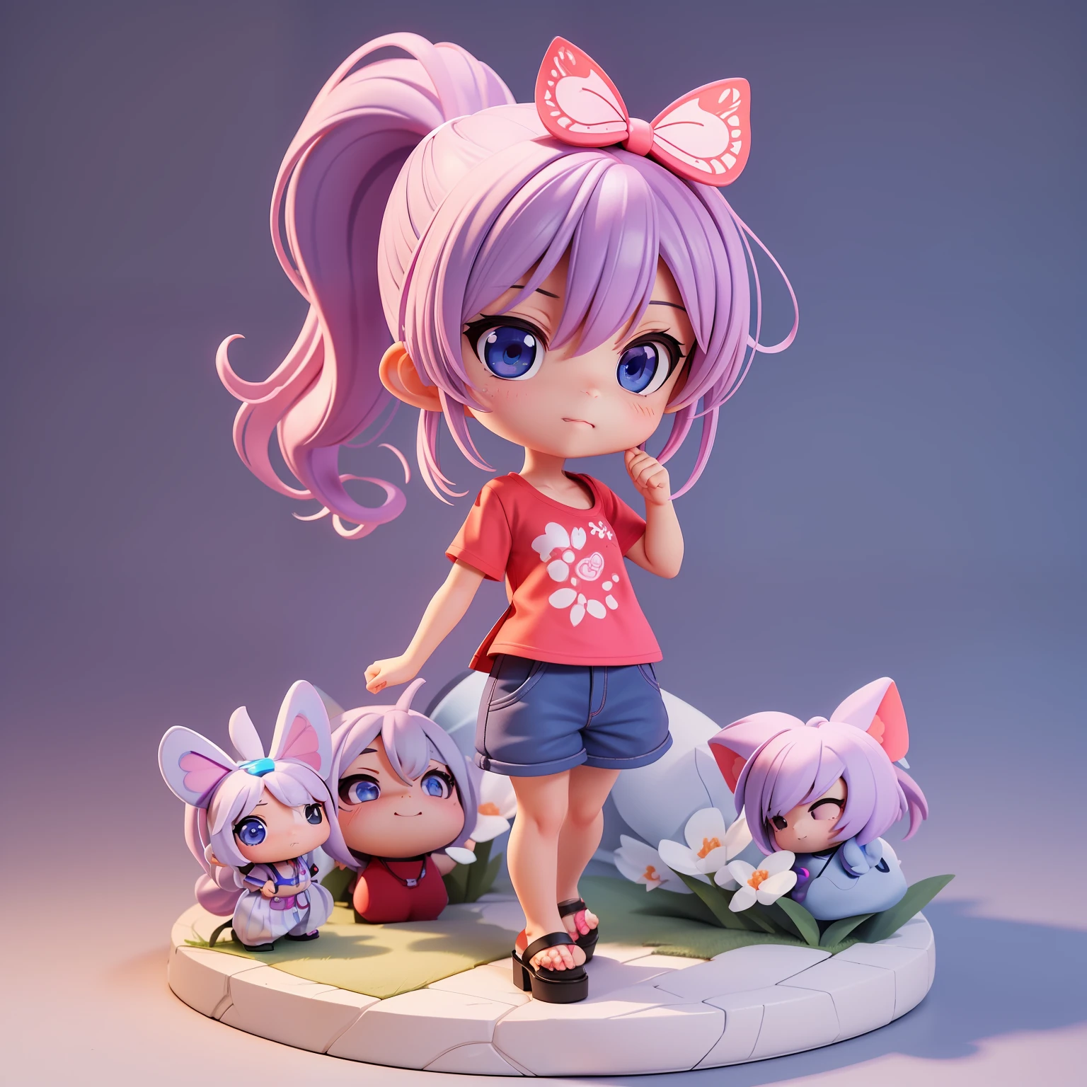 🎇🎆🎡🎢　​masterpiece　(((chibi 3d))) (((petit)))Cute One Girl。
She has pale purple hair in a ponytail,Blue-gray eyes,Wearing a red gradient t-shirt,Black polka dots,Avant-garde half pants,Wearing string sandals,A butterfly perches on the tip of a finger,
Chibichara,Anime Characters,figurine,Petite and Photoreal