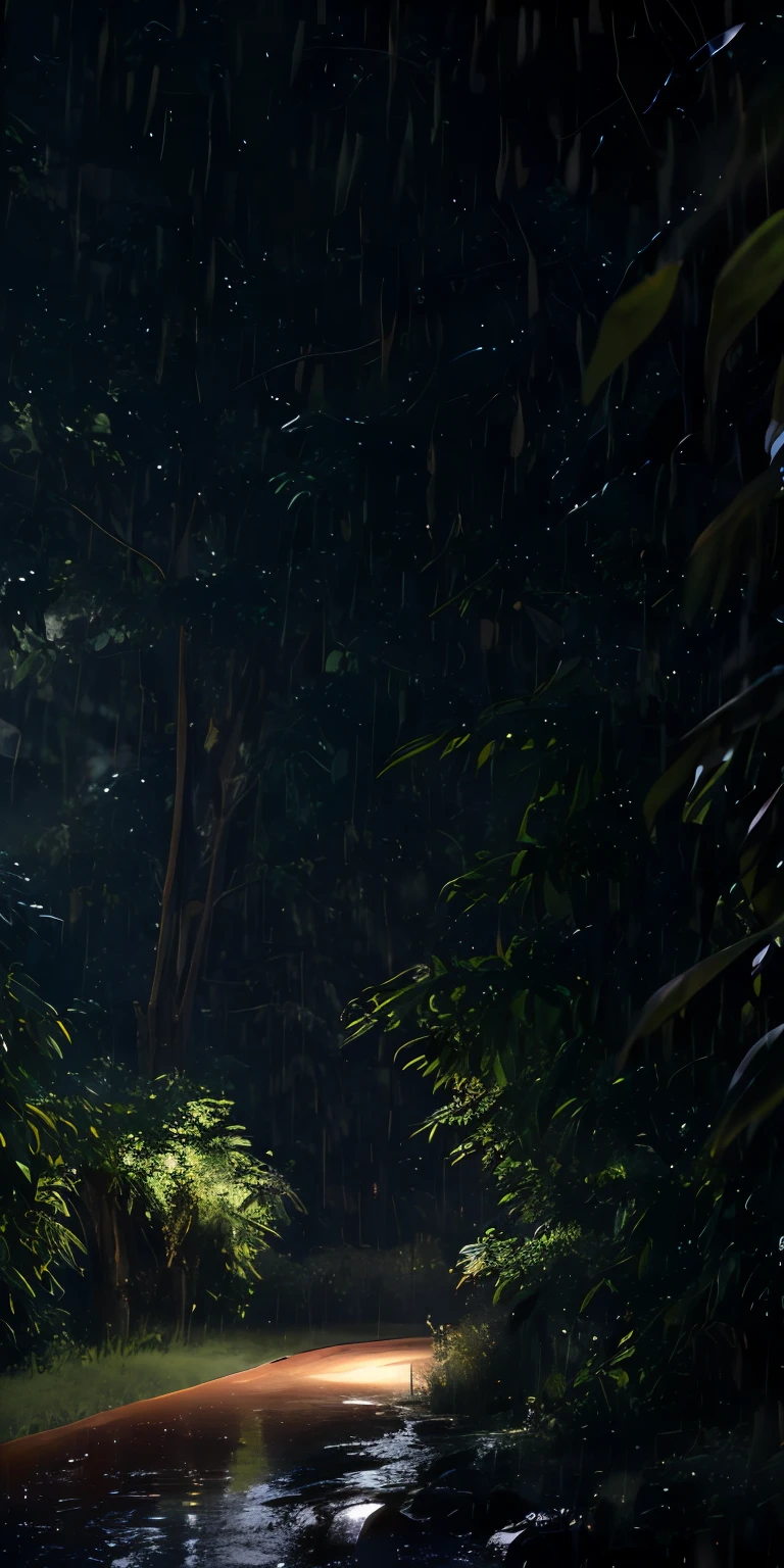 A jungle, with intense rainfall, monochromatic, vines all around, giant and wet trees, masterpiece, best quality, high quality, extremely detailed CG unity 8k wallpaper, oil paiting, award winning photography, Bokeh, Depth of Field, HDR, bloom, Chromatic Aberration ,Photorealistic,extremely detailed, trending on artstation, trending on CGsociety, Intricate, High Detail, dramatic, art by midjourney, volumetric lighting