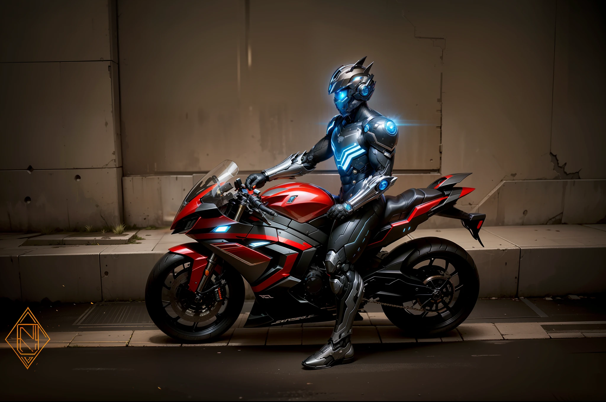 Cyber Man Warrior and Cyber Mechanical Motorcycle, Full Body Exquisite High-Tech Armor, Exquisite Black Tech Helmet, Nousr, Biomechanics, MSHN Robot Man, High-Tech Helmet, Surreal, Steel, Intricate Design, Crazy Details, Fine Details, Extremely Clear Lines, Cinematic Lighting, Photo Realistic, Detailed Masterpiece