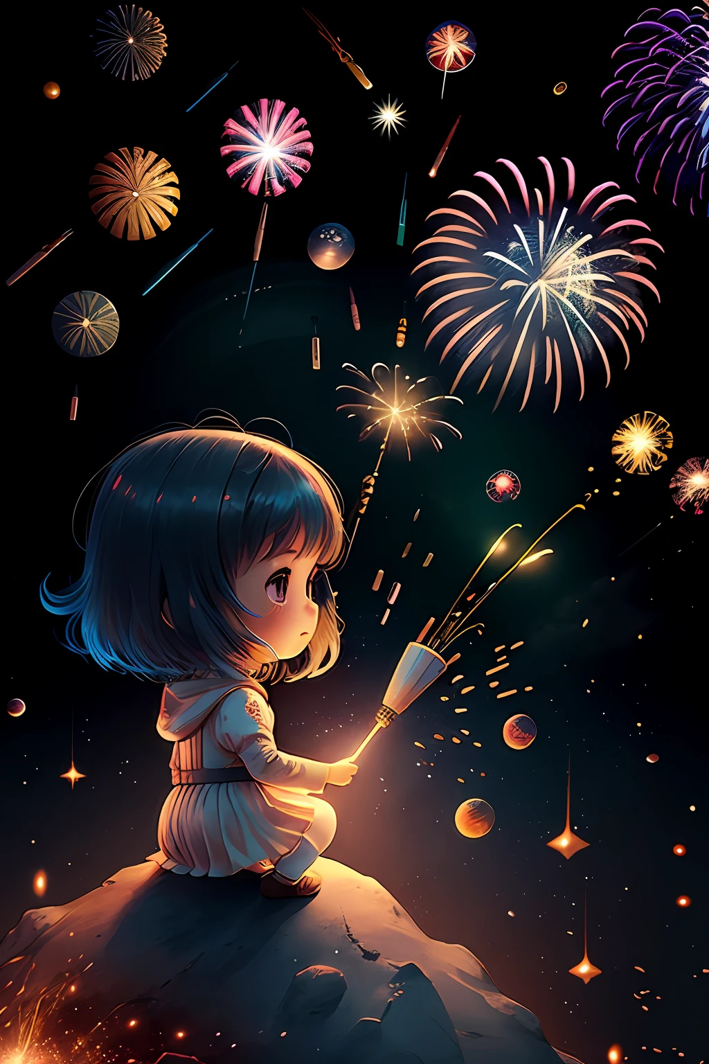 1girl、aerial fireworks、space astronaut、Aurora、milk way、festival、Chibi、Fisheye、​masterpiece、top-quality、top-quality、Official Art、Beautifully Aesthetic、animations、8K raw、3D Figures