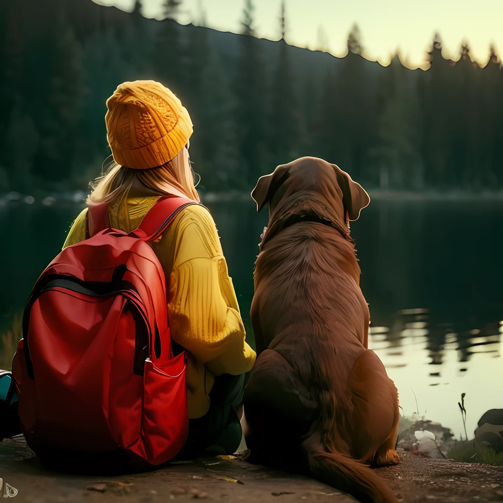 A girl in a yellow knitted hat and a red jacket and a Labrador dog are sitting on the shore of the lake, View of the girl from behind, Focus on the dog, Contra o pano de fundo de um lago florestal, next to a tourist backpack, summer night, fotorrealista, very sharp.