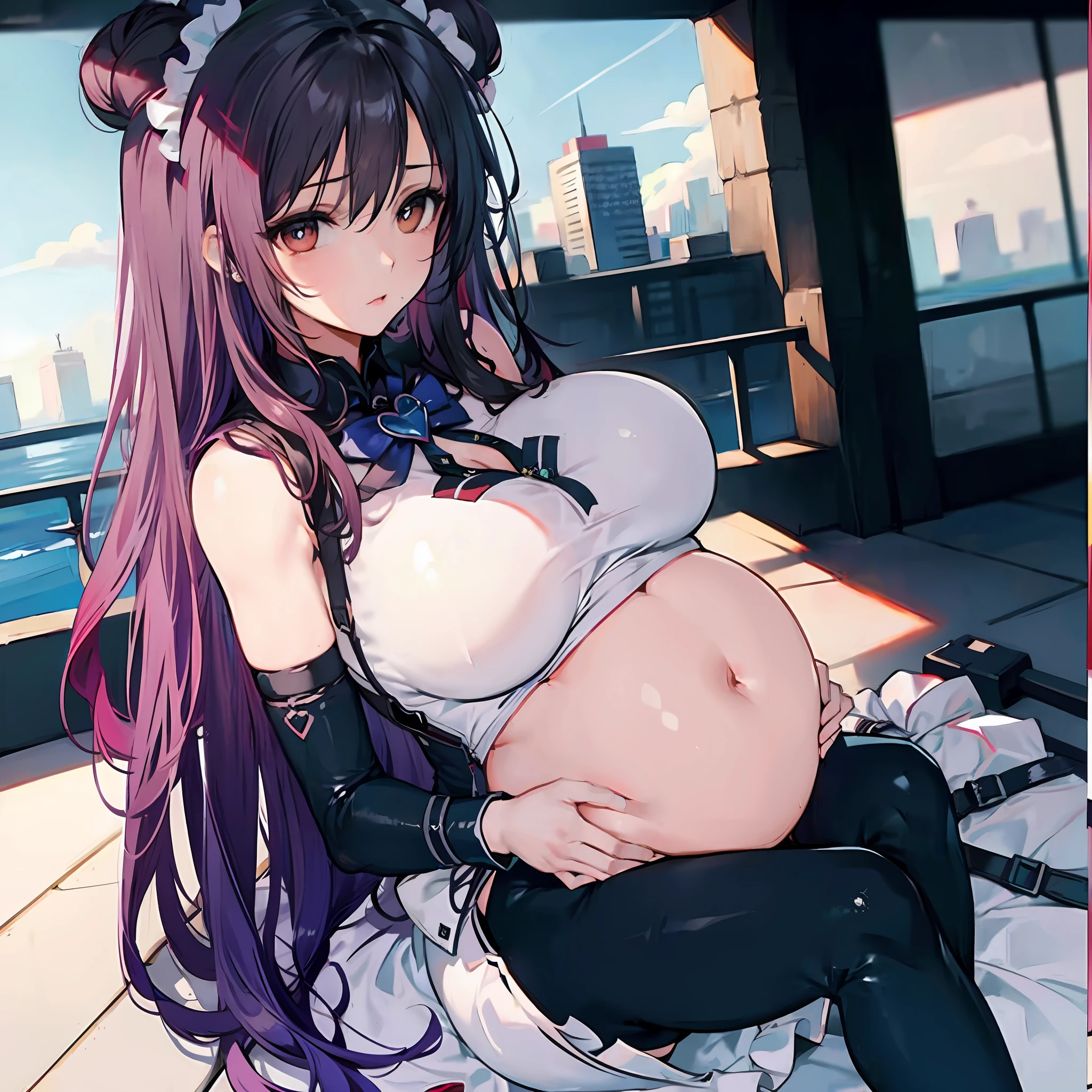 tmasterpiece, Best quality, (Detailed eyes and skin), ((Realistic)), , 1girll, Purple hair dress_Hair, golden colored_clothes, black_clothes, Blue_Eyes, Blue_sky, bblurry, bblurry_Background, bblurry_foreground, (modern_City:1.5), mediating_Breasts, Exercise_bblurry,photore_\（curly\），long whitr hair，Skysky，独奏，Full body body，Pregnant belly，Beth，Showing the belly，youthfulenergy，18-year-old girl，adolable，Two-dimensional painting style，Pregnant women with，Best quality, 8K, High quality,, hair adornments, hair-bun, Long hair, bangs, bow,  maid headdress, upper legs, Stockings, white thighhighs, cleavage cutout, Face focus, Close-up of a corpse in the distance, (Heart-shaped pupils:0.9), (Blush:0.65), (1girll, Solo:1.4), Cityscape, Blue sky, Bright sky, Sunny, holding flower, Large breasts, Detailed background, Detailed clouds,Pregnant belly，Two-dimensional painting style，(Masterpiece), Best quality, Fine details, Highest picture quality, Masterpiece,exquisite CG,1girll,Closed mouth,Brown eyes,Long hair,bangs,Bare shoulders, cleavage,(Big breasts:1.4),Bare arms,navel,Lace,a garter belt,Thighs,Loli,White pantyhose,water,hyper pregnant,Girl,SushangV4,Yae,SideBraid,Black bandeau，black lence stockings