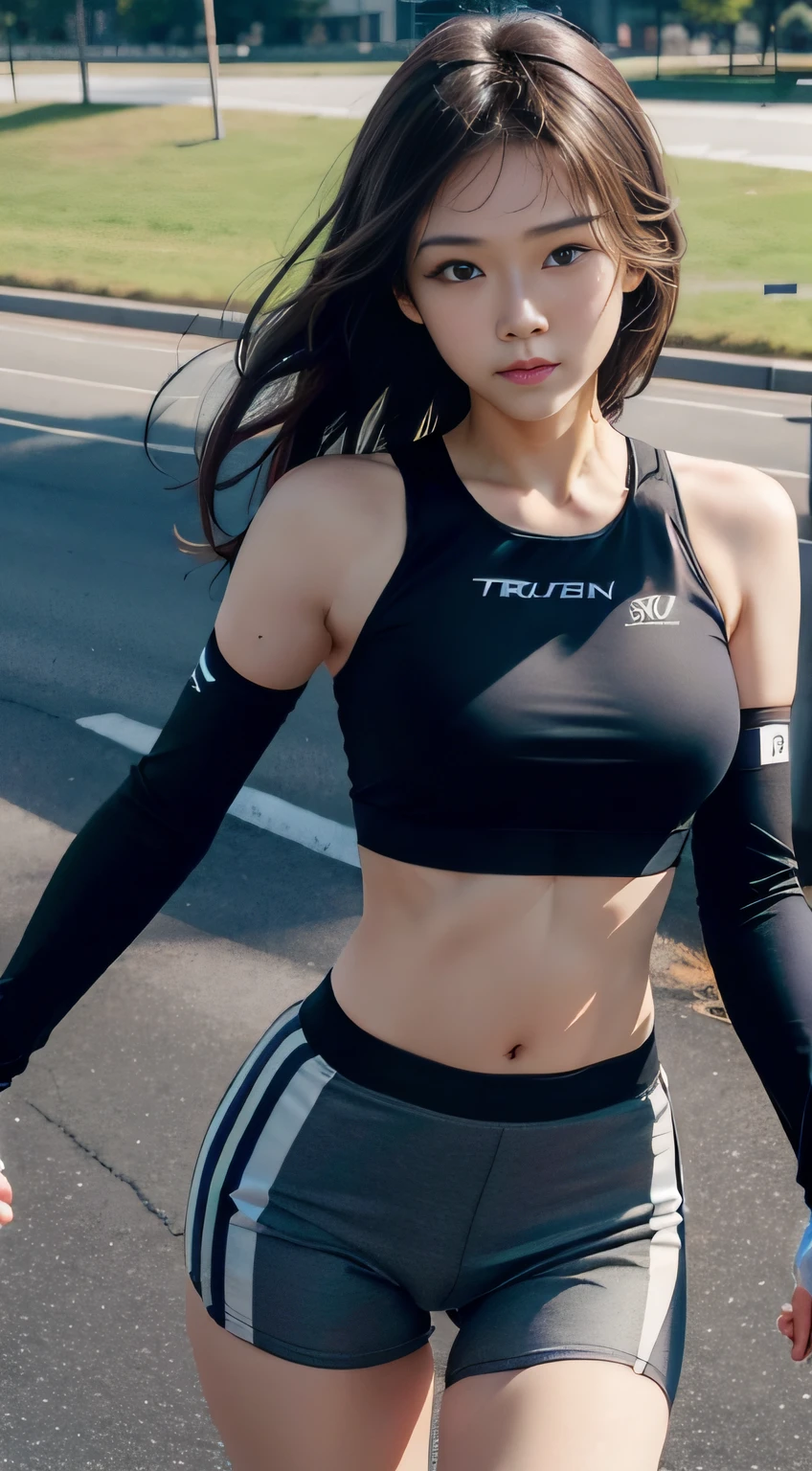 (Best quality details:1.2),realisticlying,8K high-definition,(1girll:1),ultra - detailed,High-quality texture,complexdetails,Detailed textures,finedetail,high detal,extremaly detailed cg,High quality shadows,Detailed beautiful and delicate face,Detailed beautiful and delicate eyes,depth of fields,Ray traching,Running position,dynamicposes,High hills,lake,highways,sport underwear,Sporty skirts,bikes,the motorcycle