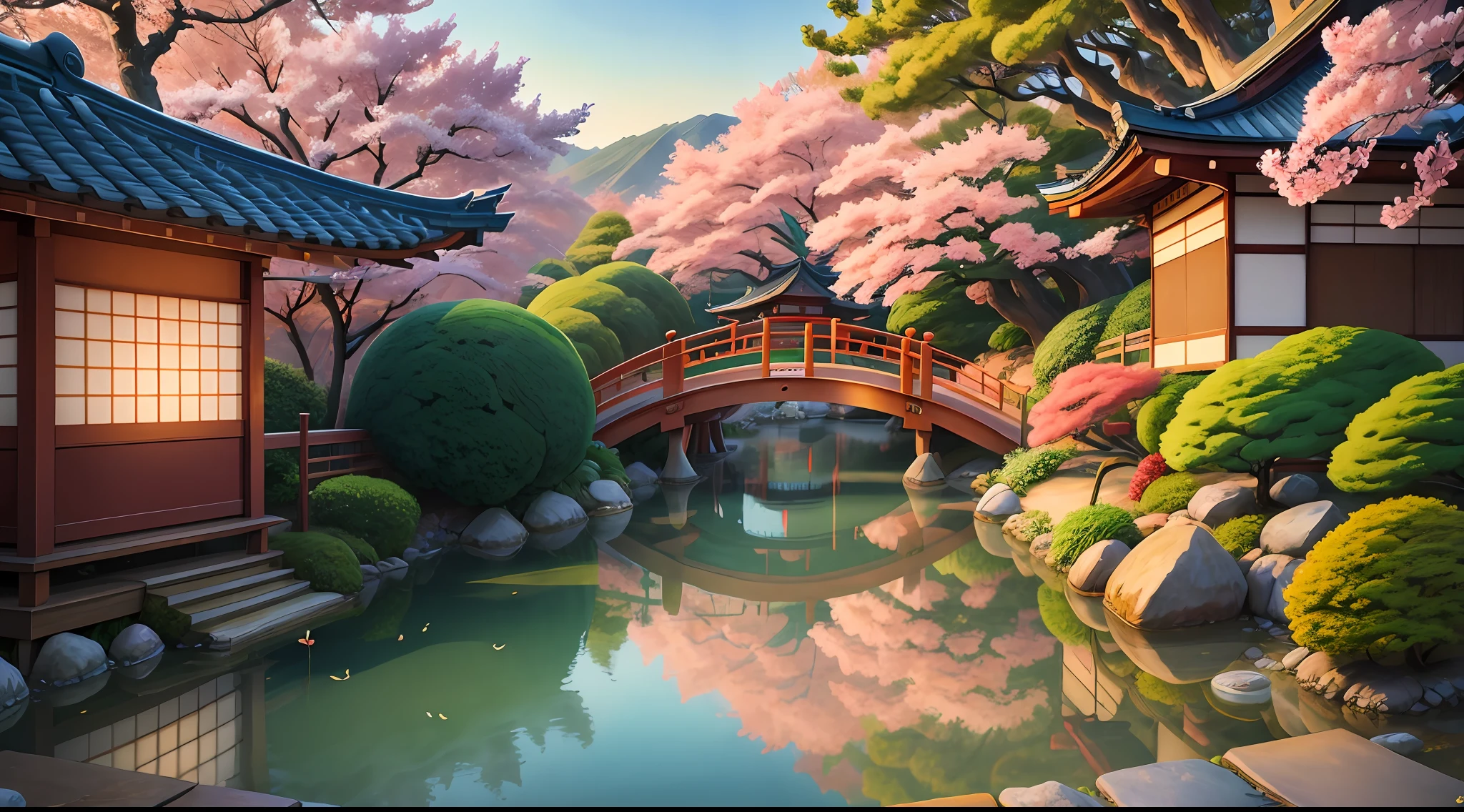 (digital painting),(best quality), serene Japanese garden, cherry blossoms in full bloom, koi pond, footbridge, pagoda, Ukiyo-e art style, Hokusai inspiration, Deviant Art popular, 8k ultra-realistic, pastel color scheme, soft lighting, golden hour, tranquil atmosphere, landscape orientation