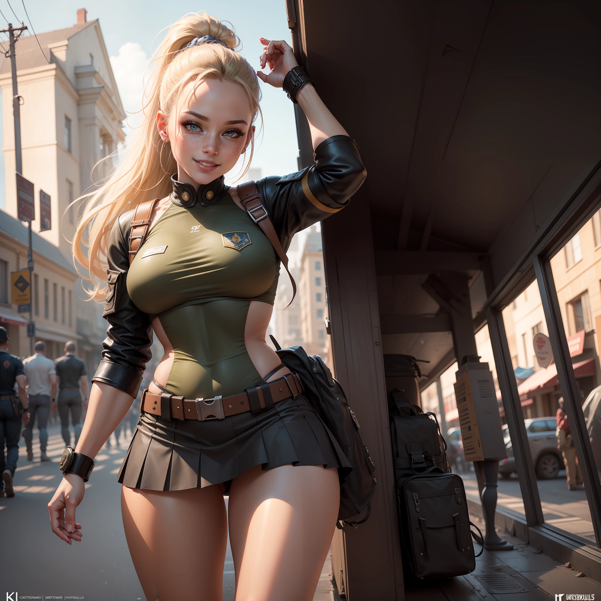 Illustrations hyper realistic, ultra detailed photograph of a BLACK woman being the character cammy from the street fighter game, military clothes, with skirt, showing the whole body, smiling, the afternoon, depth of field, HOF, hall of fame, detailed gorgeous face, scenery of an air base, natural body posture, professional photographer, captured with professional DSLR camera, trending on Artstation, 64k, ultra detailed, ultra accurate detailed, medium bokeh lighting, surrealism, Thomas Kinkade background, urban, ultra unreal engine, WLOP, Pauline Voß, Pascal Quidault, , Christian Schob, Martina Fackova, intricate, epic, freckles, peach fuzz, detailed mascara