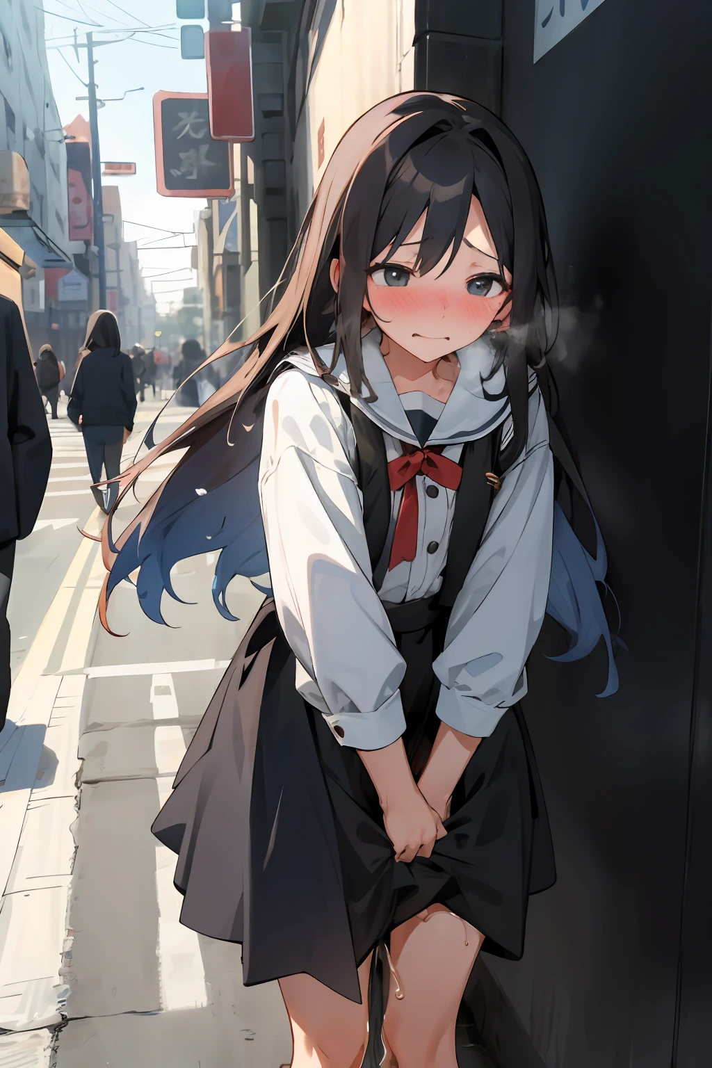 Girl with long hair and dress、Look away、embarrassed from、Blushing、Keep your mouth shut、a street(Girl is squirting)、In the street