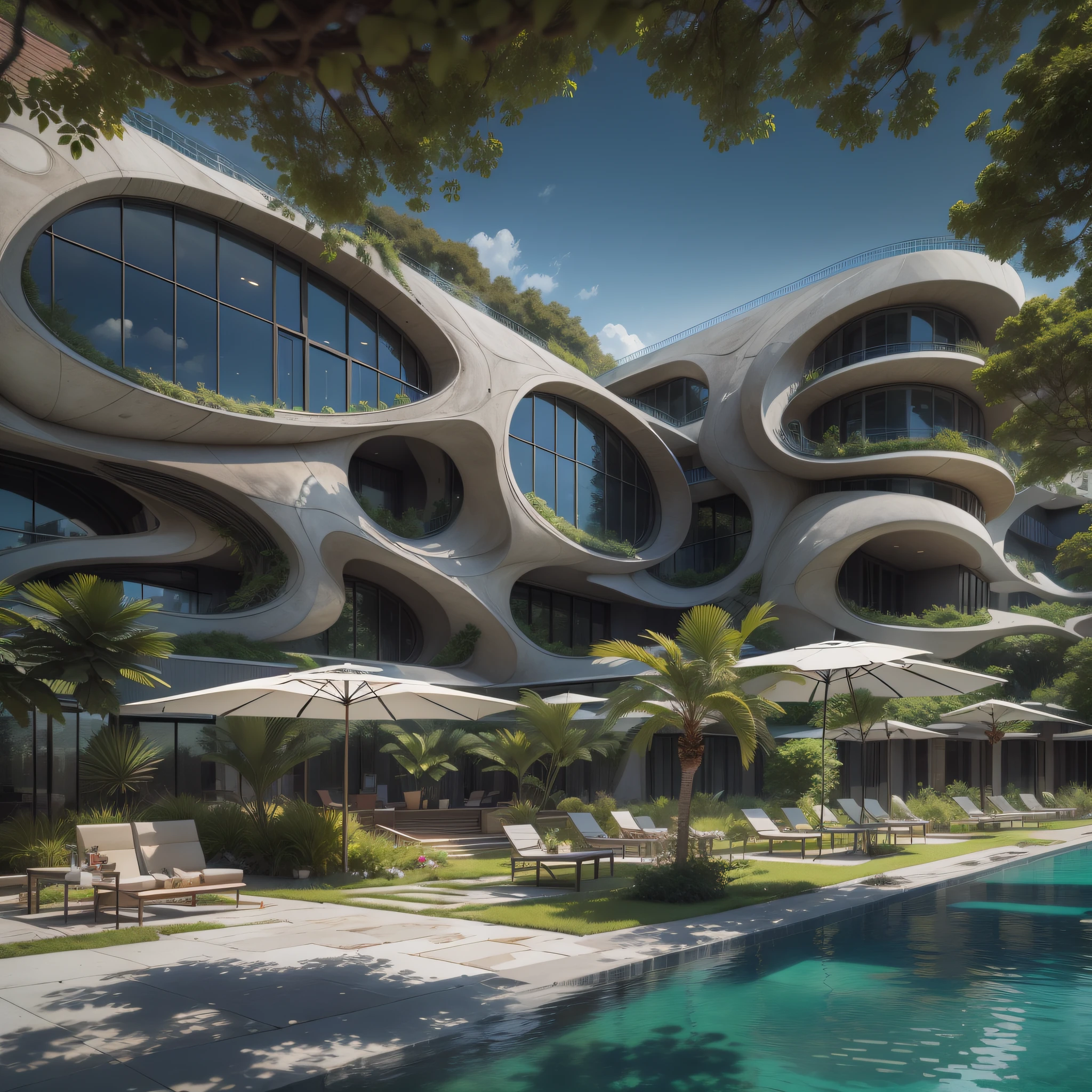 Grande hotel, Arquitetura futurista, building in the background, Architecture of a dark gray concrete building, madeira e vidro, Building with large lawn on the beach, Arquitetura moderna, grande piscina em frente ao hotel, restaurante interior com grandes fachadas em vidro, grandes candeeiros no interior, lots of vegetation around, hotel com 120 quartos, Arquitetura moderna, organic architecture, Geometria luxuosa, hiper-realista, Fantastic 8K architecture, UHD — AR 16:
