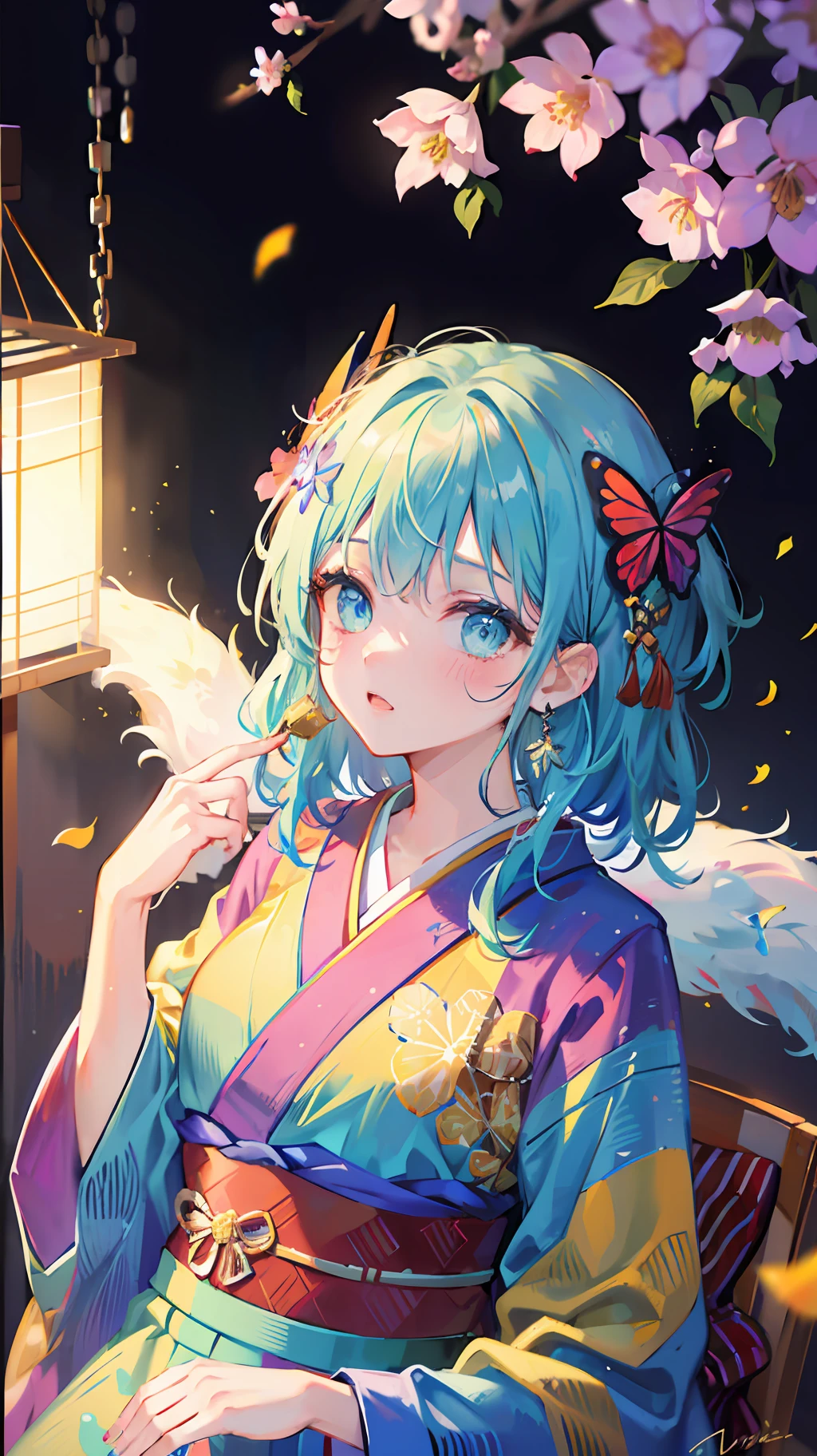 shukezouma, octane render, hdr, (hyperdetailed:1.15), (soft light, sharp:1.2), 1girl, beautiful girl, ultra detailed eyes, mature, plump, thick, rainbow painting drops, paint teardrops, woman made up from paint, entirely paint, splat, splash, long colored hair, kimono made from paint, ultra detailed texture kimono, rainbow paint kimono, paint bulb, paint drops, (hair ornaments, earrings, flowers hair ornaments, butterflies hair ornaments), outdoors, sakura trees