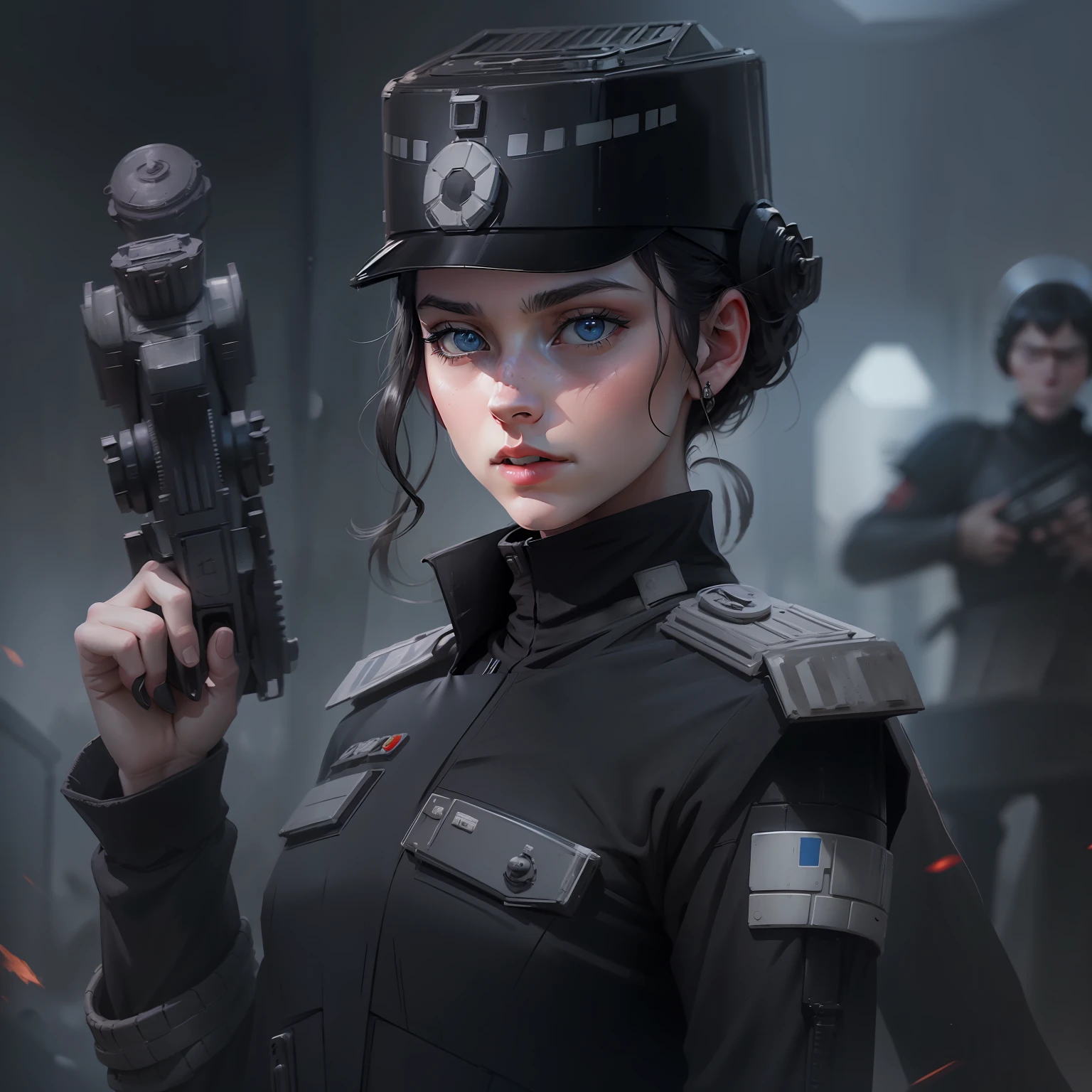 One Star Wars female imperial officer in black imperial uniform, around 21 years old, black hair, medium lenght hair, pale skin, blue eyes. Holding a blaster pistol. Battle in the background.