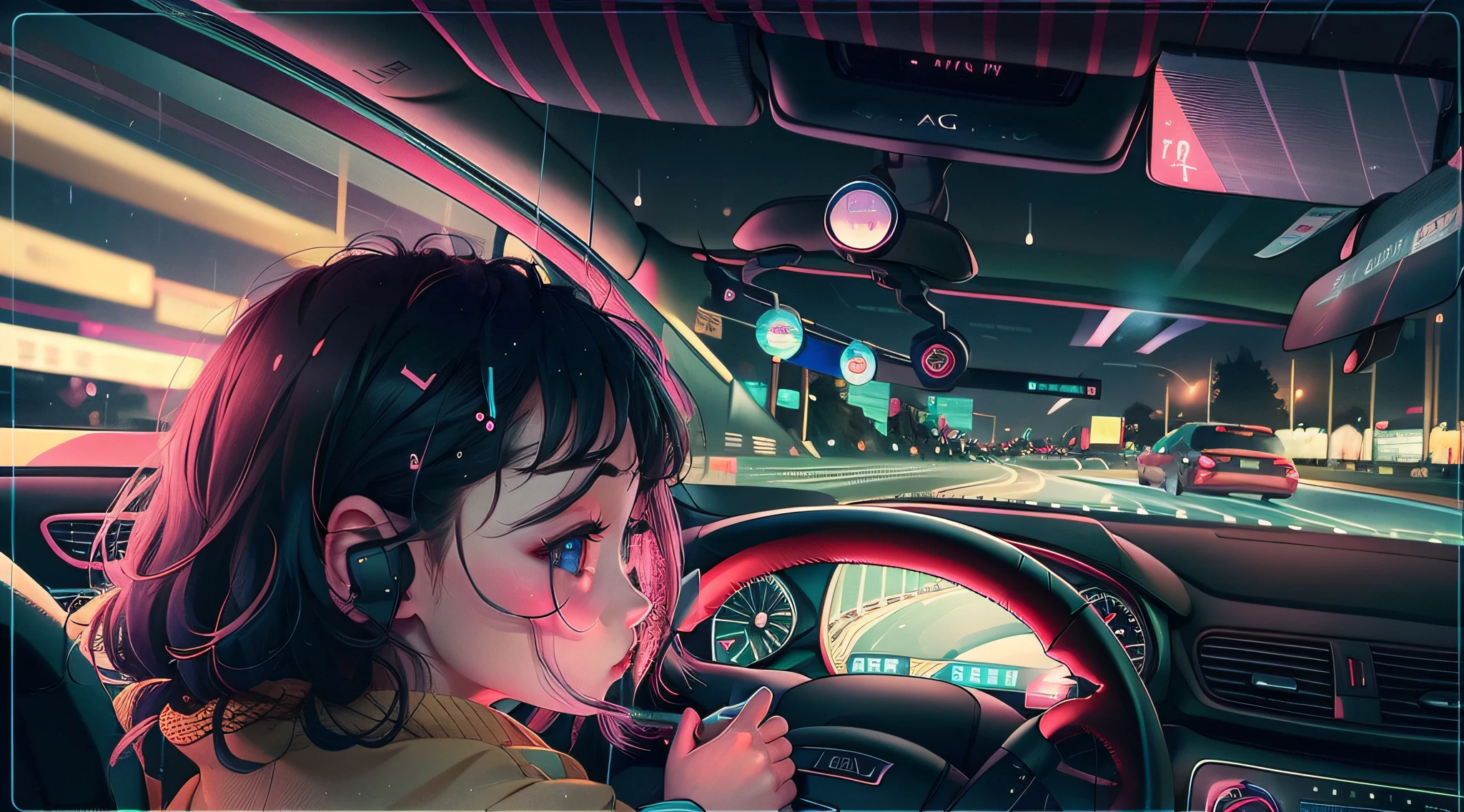 Cute girl driving music with car lights in the dark of the highway on the passenger side、Night view of the city from the car window Car engine navigation Traffic vibration car Fast driving reflex Car driver Vehicle speed driving reflex