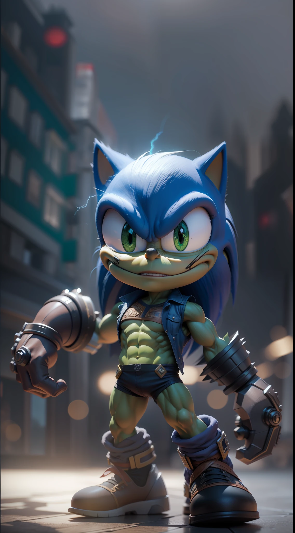 midget hulk style sonic, octane render, unreal engine, highly detailed, intricate, lightning background