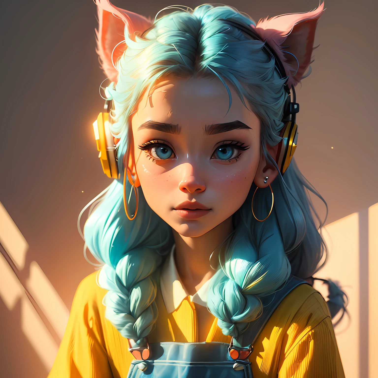(Extremely detailed CG Unity 8k wallpaper, masterpiece, best quality, super detailed), (best lighting, best shadow, extremely delicate beauty), floating, sparkling eyes
	
[(Headbands, earrings, (cyan: 1.5|red: 1.2) braided pig's tail hair with kitten headphones, (light yellow: 1.3) overalls) :: 0.8]