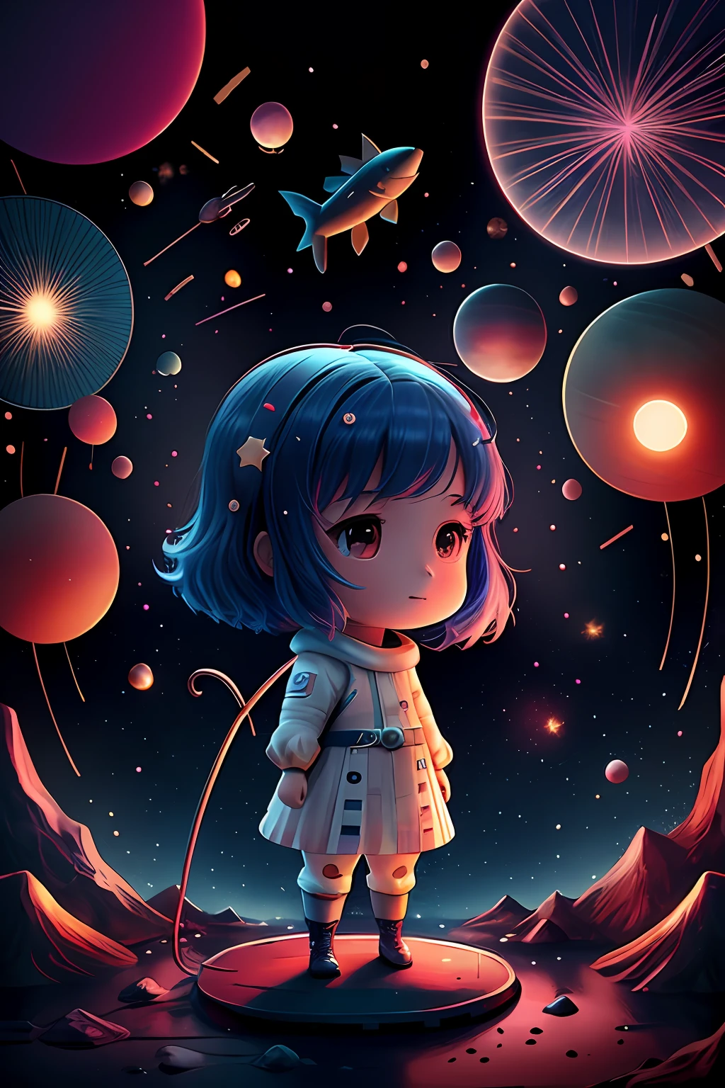 1girl、aerial fireworks、space astronaut、Aurora、milk way、festival、Chibi、Fisheye、​masterpiece、top-quality、top-quality、Official Art、Beautifully Aesthetic、animations、8K raw、3D Figures