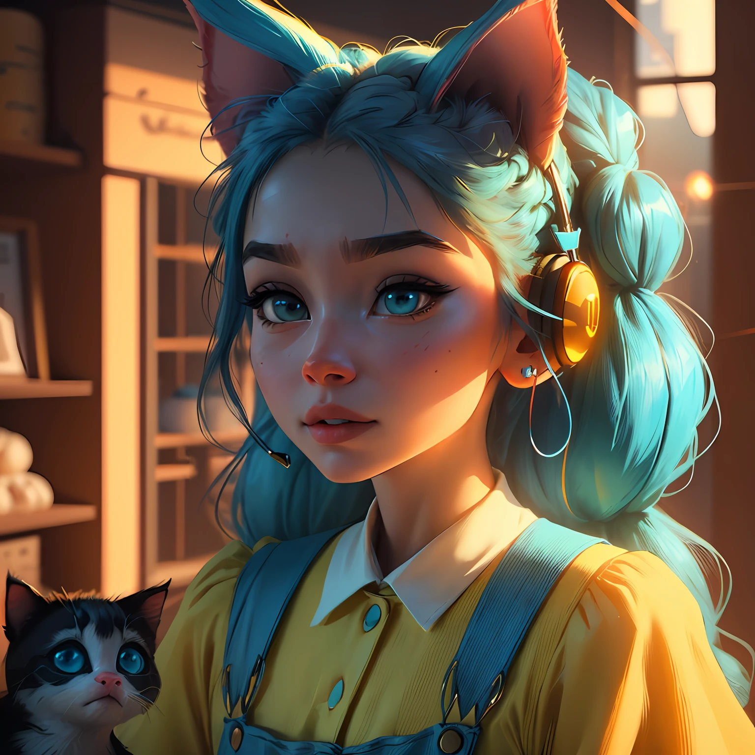 (Extremely detailed CG Unity 8k wallpaper, masterpiece, best quality, super detailed), (best lighting, best shadow, extremely delicate beauty), floating, sparkling eyes
	
[(Headbands, earrings, (cyan: 1.5|red: 1.2) braided pig's tail hair with kitten headphones, (light yellow: 1.3) overalls) :: 0.8]
