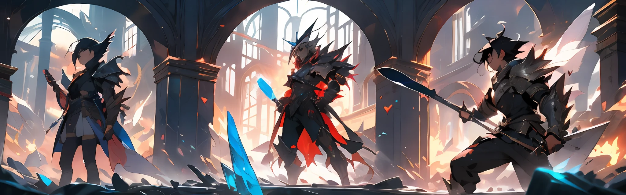 Create concept art depicting an epic fantasy world with ancient ruins, Beautiful forests, and the mysterious crystal altar. Main characters, The main character of a high school student, Technically skilled friends, Wizard Companion, Swordsman's ally, And the evil enemy, Fighting a fierce battle to protect the crystals. Show the hero as an ordinary student, Companion、Although it exhibits diverse appearances and personalities that correspond to your role as an engineer、, sorcerer, and Swordsman. Draw the protagonist holding a crystal, Comrades in battle, And a fierce confrontation with the enemy. Concept art should depict the theme of perseverance, growth, Crystal symbolism, adventure, And strong bonds between peers, Evoke passionate and emotional works of art.**BREAK HA,****simple background,ancient castle, battle field,colourfull,Two women and one man work together to fight the enemy,**BREAK,
**(1womanl:1.5,Heroine of Final Fantasy,a junior high school student,Active girls,A big smile,Sorcerer,White Track Jacket,Black hair,Blue eyes,short-hair,Crystal Hair Ornament,magic circles,Dazzling light),** BREAK,
**(1male people:1.5,Final Fantasy Heroes,a junior high school student,Energetic boy,kindly smile,Martial arts,red school uniform,Black hair,Red Eyes,short-hair,Baseball Cap,Wear shoulder armor over your uniform,Wear long pants,magic circles,Dazzling light),** BREAK,
**(1womanl:1.5,Heroine of Final Fantasy,a junior high school student,Calm girl,The scholar,eye glasses,White Longo Coat,Blonde hair,Gold eyes,long,Kcyborg,machine components,magic circles,Dazzling light),** BREAK,
**Evil enemies,Colossal enemies,** BREAK,