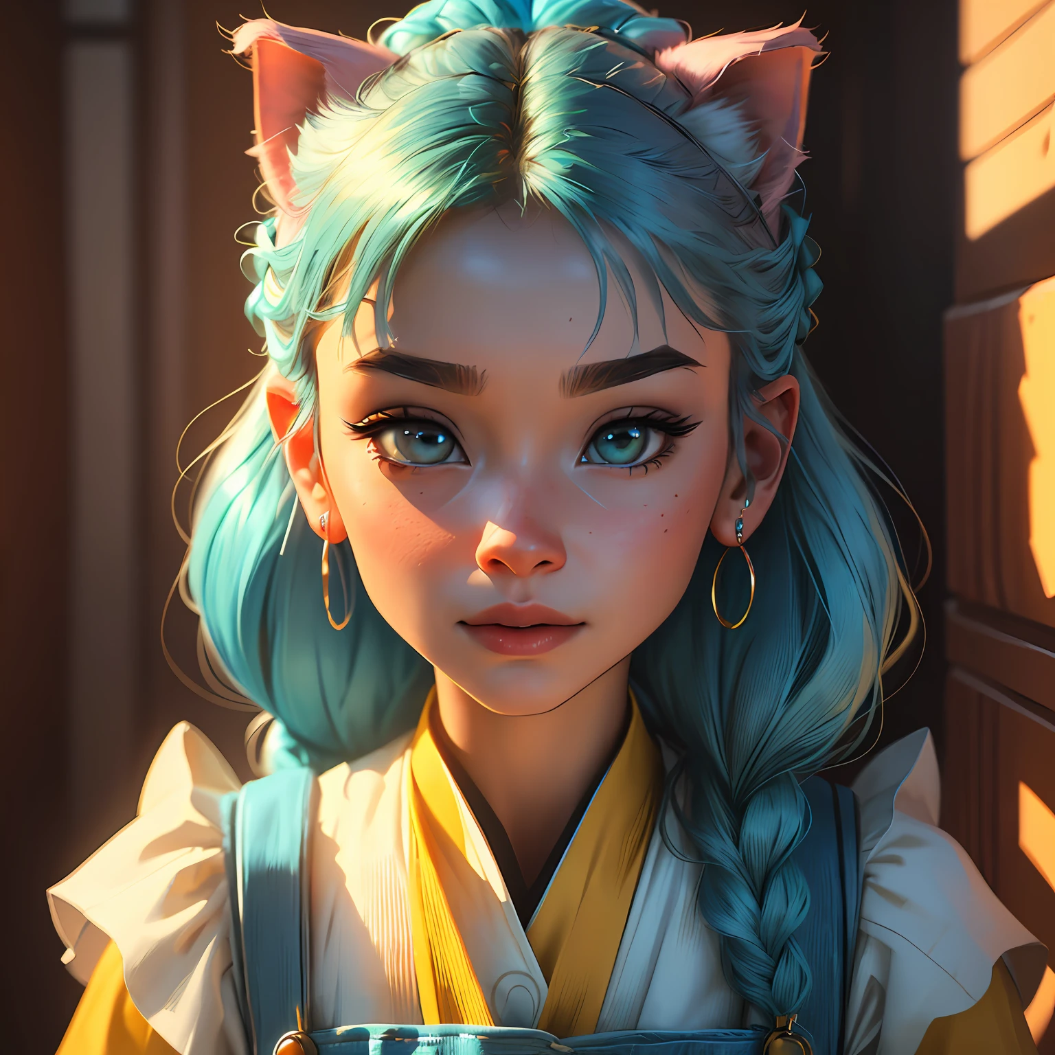 (Extremely detailed CG Unity 8k wallpaper, masterpiece, best quality, super detailed), (best lighting, best shadow, extremely delicate beauty), floating, sparkling eyes
	
[(Headbands, earrings, (cyan: 1.5|red: 1.2) braided pig's tail hair with kitten headphones, (light yellow: 1.3) overalls) :: 0.8]