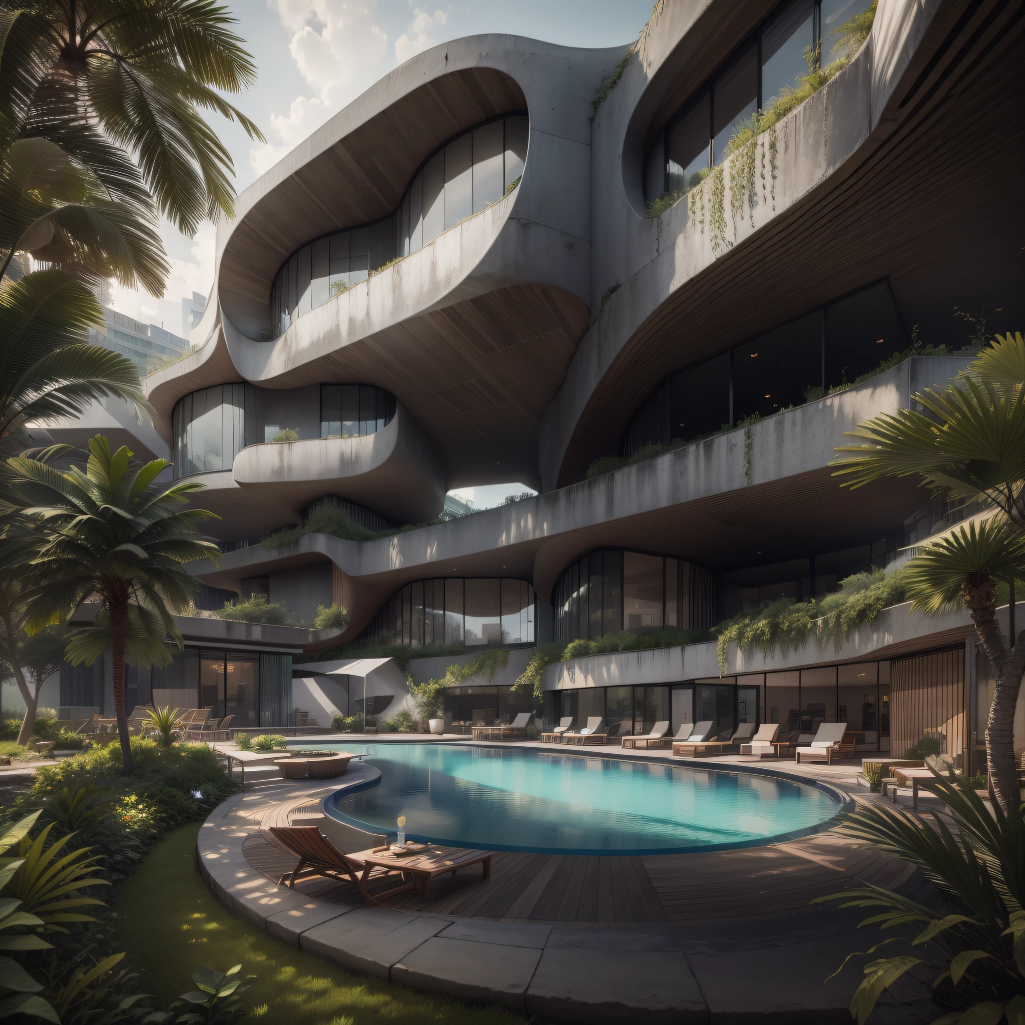 Grande hotel, Arquitetura futurista, building in the background, Architecture of a dark gray concrete building, madeira e vidro, Building with large lawn on the beach, Arquitetura moderna, grande piscina em frente ao hotel, restaurante interior com grandes fachadas em vidro, grandes candeeiros no interior, lots of vegetation around, hotel com 120 quartos, Arquitetura moderna, organic architecture, Geometria luxuosa, hiper-realista, Fantastic 8K architecture, UHD — AR 16: