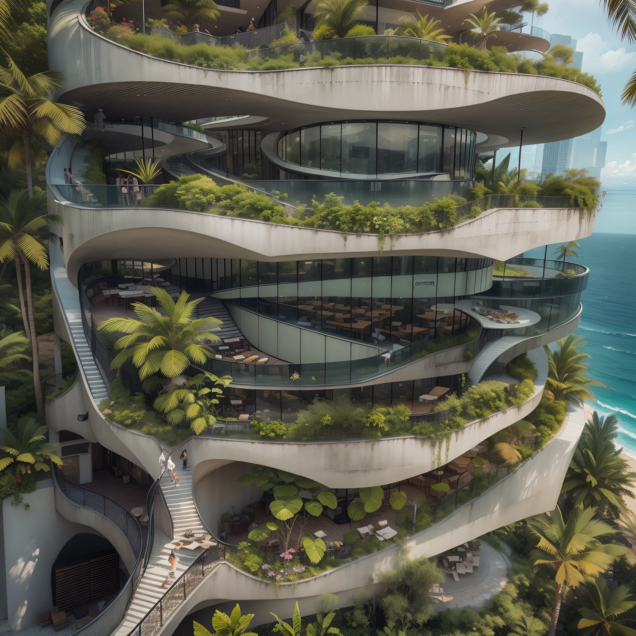 Grande hotel, Arquitetura futurista, building in the background, Architecture of a dark gray concrete building, madeira e vidro, Building with large lawn on the beach, Arquitetura moderna, grande piscina em frente ao hotel, restaurante interior com grandes fachadas em vidro, grandes candeeiros no interior, lots of vegetation around, hotel  com 120 quartos, Arquitetura moderna, organic architecture, Geometria luxuosa, hiper-realista, Fantastic 8K architecture, UHD — AR 16: