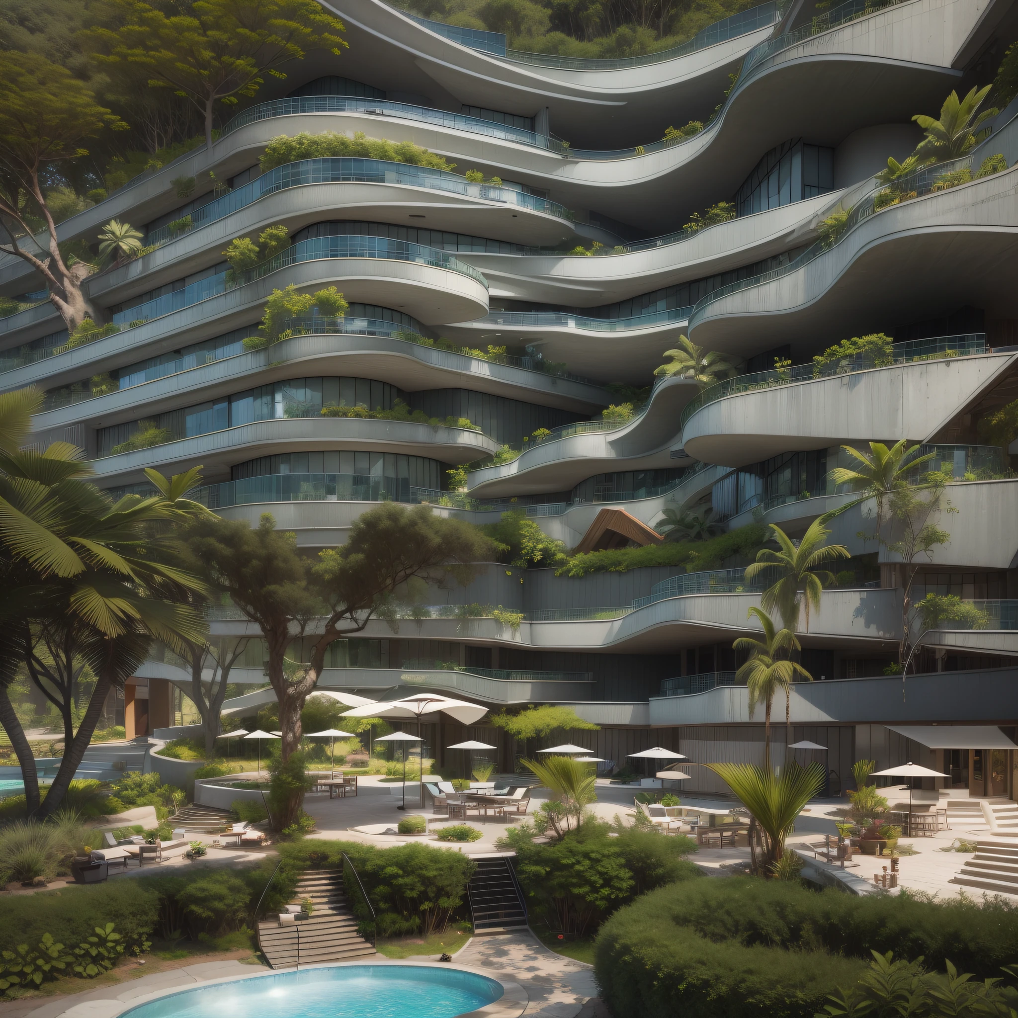 Grande hotel, Arquitetura futurista, building in the background, Architecture of a dark gray concrete building, madeira e vidro, Building with large lawn on the beach, Arquitetura moderna, grande piscina em frente ao hotel, restaurante interior com grandes fachadas em vidro, grandes candeeiros no interior, lots of vegetation around, hotel com 120 quartos, Arquitetura moderna, organic architecture, Geometria luxuosa, hiper-realista, Fantastic 8K architecture, UHD — AR 16:
