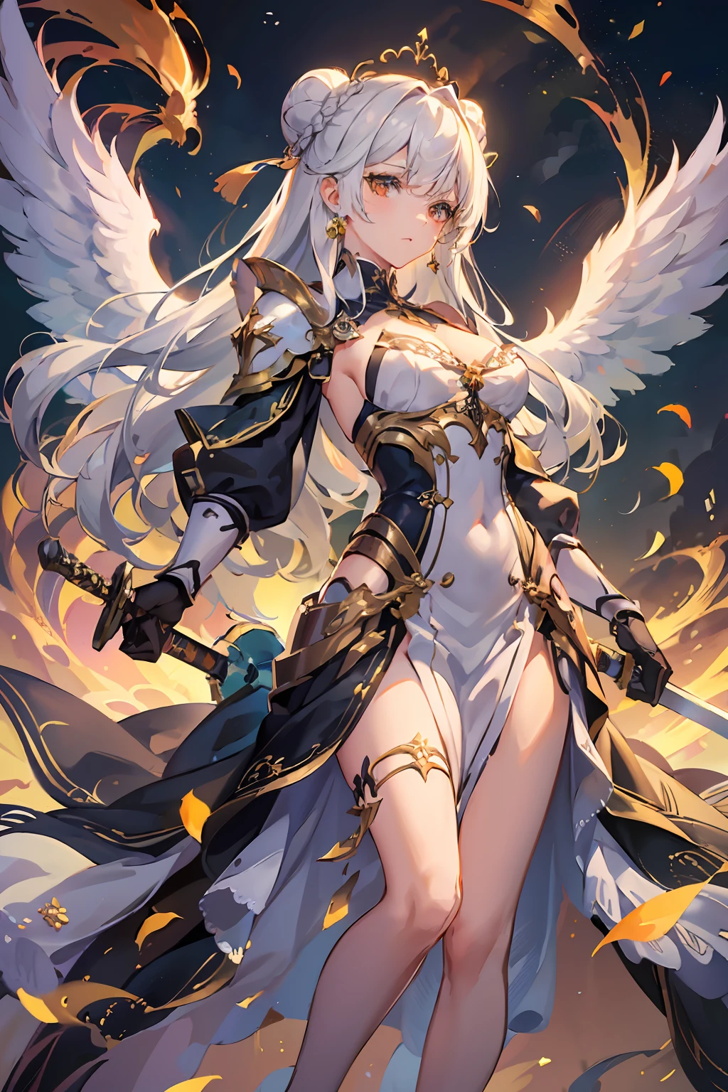 ((4K,masutepiece,Best Quality)), maxiskit, dress conservatively 1 girl, Solo, Full body, wide shoot, holding sword down, White hair, Long hair, armor, Angel, White bra, side bun, from the front side,  Angel Halo, Dazzling golden and orange sparks, extra size body, Night, mont, look at viewr