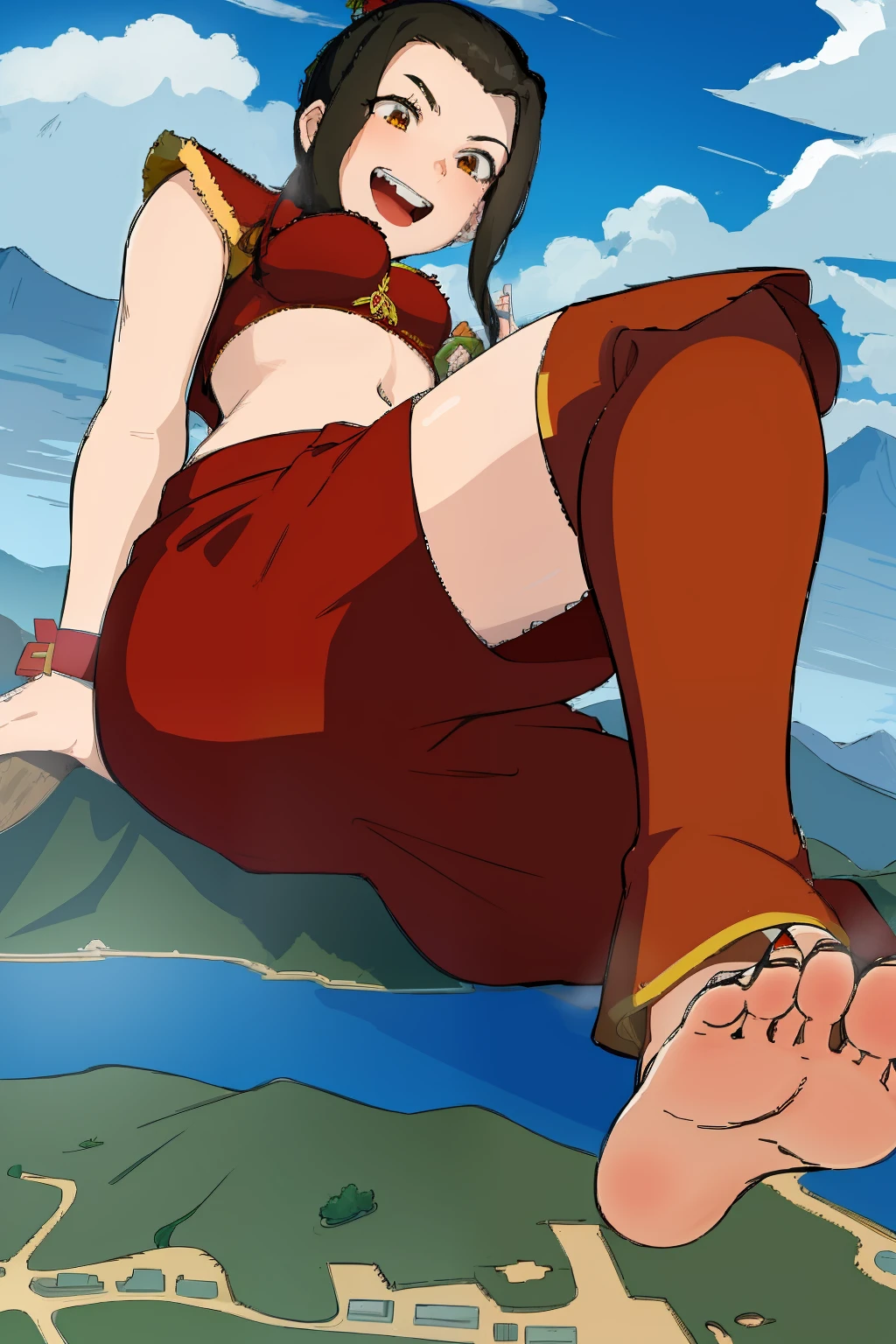 clouds, gtscity, cityscape, mountain ranges, ball of foot, azula, laughing, midriff , soles, feet