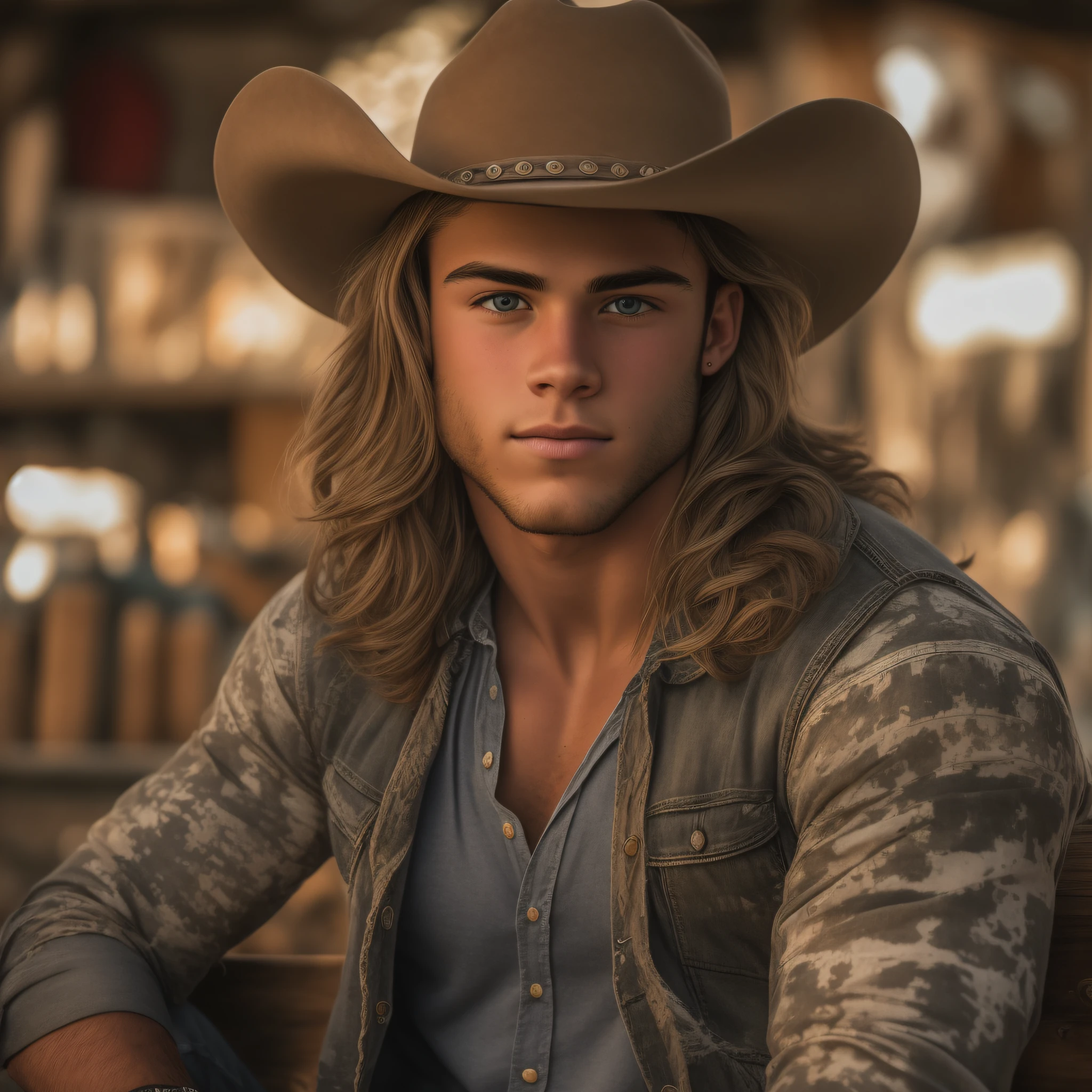 An 18-year-old boy musclgod, embodying the perfect fusion of Joey Lawrence and Cody Calafiore with long hair, exuding an aura of strength and confidence. Enhanced with HDR technology, this image depicts a true masterpiece, 4K resolution, cowboy shot, Santa Fe vibes