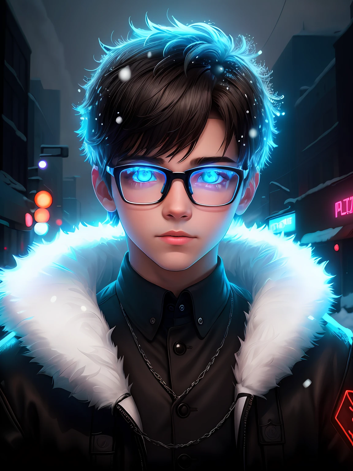 snow apocalypse portrait of a super cute boy , boy with glasses , dark light , neon sign , haunting atmosphere , digital art , intricate , 8k resolution , super high quality ,