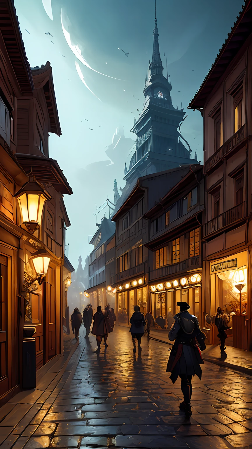 RAW wideangle photo, 18th century port town, a lively and crowded place, filled with sailors, merchants, and all kinds of people. narrow streets, tall houses, and a busy harbor, epic, ominous, highly detailed, intricate environment, digital matte painting, outdoor, panoramic street view, concept art, mystery, sharp focus, illustration, art by artgerm and greg rutkowski and magali villeneuve and alphonse mucha and rossdraws and wlop and craig mullins and James Jean and Andrei Riabovitchev and Marc Simonetti and peter mohrbacher, background by james jean and gustav klimt, light by John Salminen, 4k uhd image, octane render, awesome, 8k, award winning art, cinematic lighting, high detail, intricate, ethereal, magical, otherworldly, dark fantasy, hyperrealistic, dreamlike, inky, old age, hypermaximalist, (decay:1.3), (grit:1.3), (neglect:1.3), to8contrast style RFKTR_sinetempore