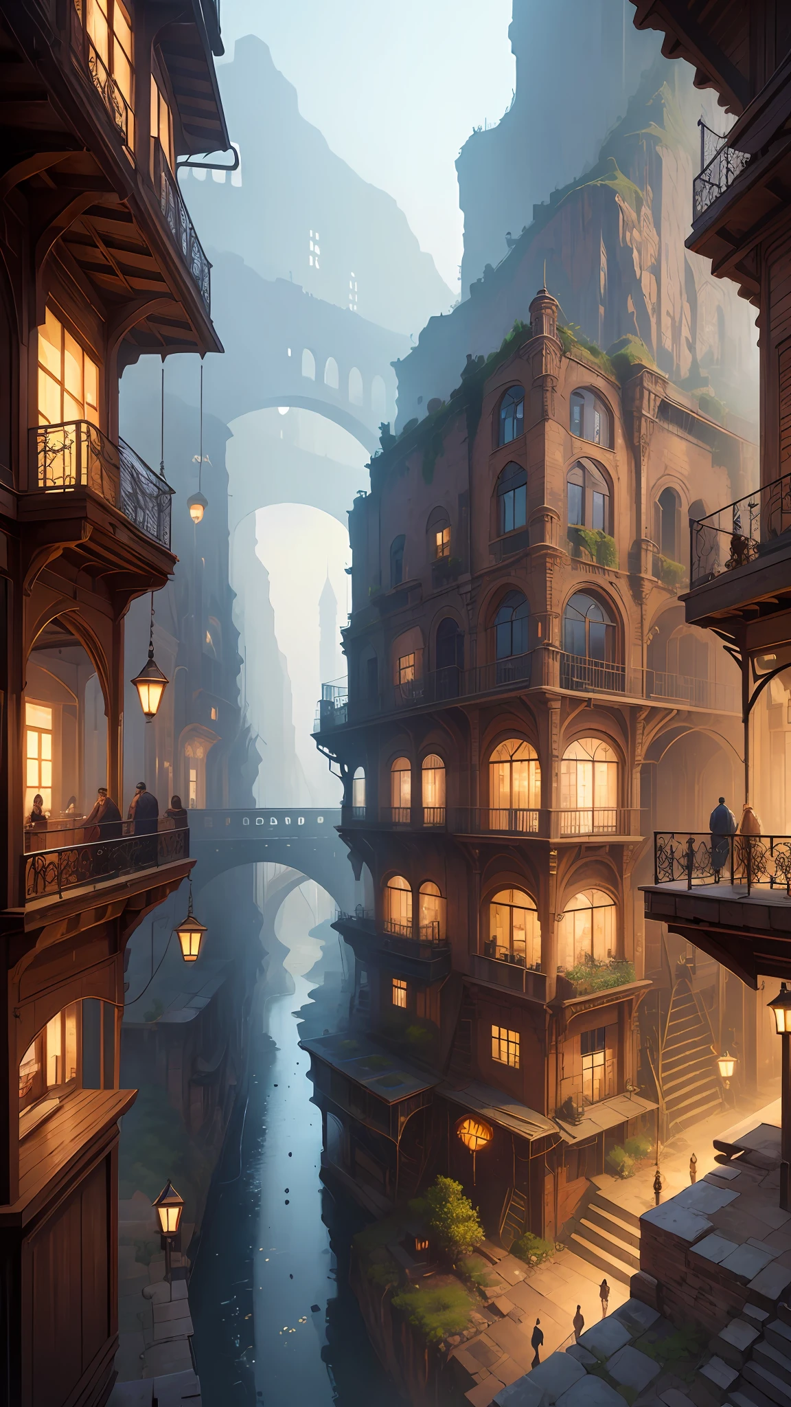 ((masterpiece)),((best quality)),((high detial)),((realistic,)) Industrial age city, deep canyons in the middle, architectural streets, bazaars, Bridges, rainy days, steampunk, European architecture