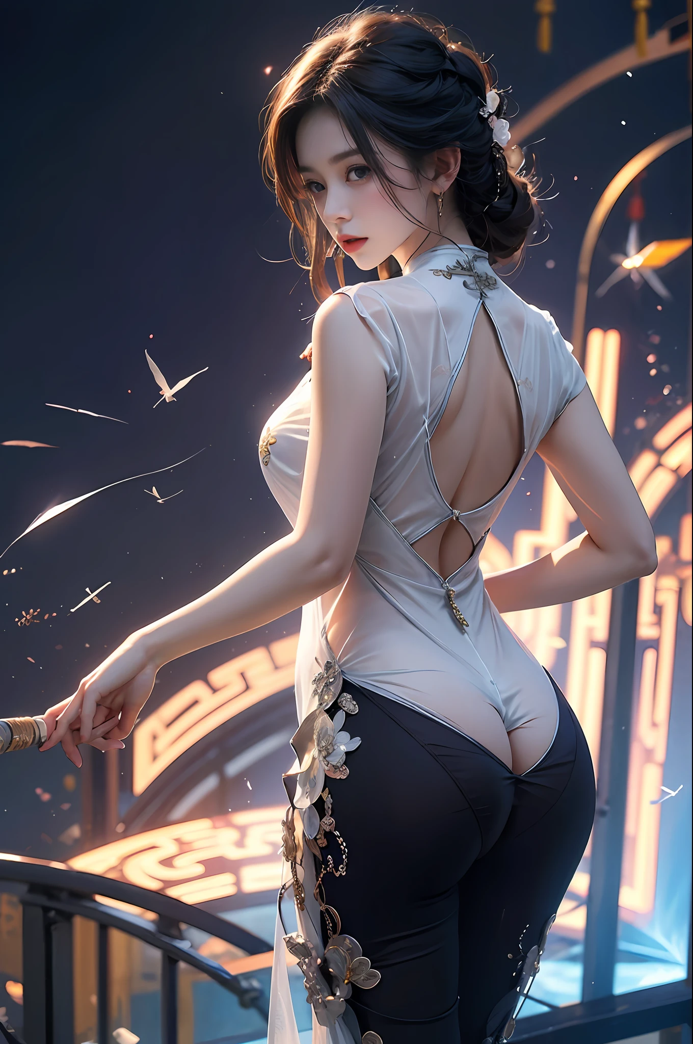 realisticlying, A high resolution, 1 rapariga, White color hair, korean people, eBlue eyes, The transparent cheongsam is flying,Sheer tight-fitting garments,Beads of sweat dripped down the buttocks,Large chest,Wide buttock,Cock your ass,Butt visible,Visible on the back,buttocks visible,Ass pouted,wide wide shot,Cinema lenses,The skin glows,space ship,