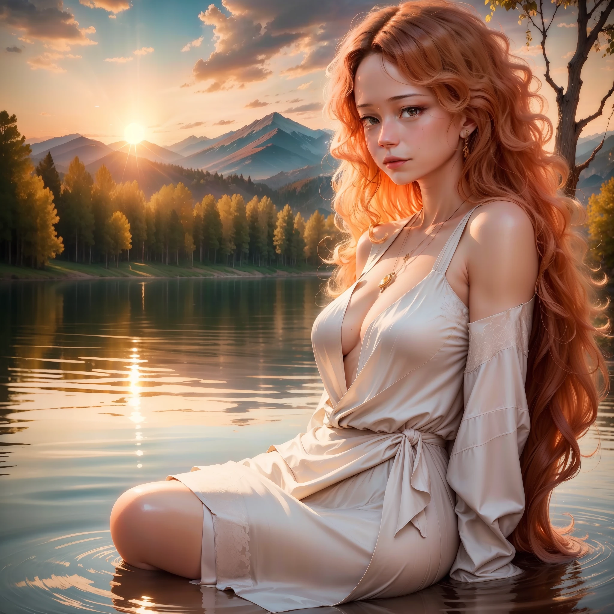 1 girl, serene expression, mesmerizing eyes, straight long hair, flowing dress, poised posture, porcelain skin, subtle blush, crystal pendant
BREAK
golden hour, (rim lighting):1.2, warm tones, sun flare, soft shadows, vibrant colors, painterly effect, dreamy atmosphere
BREAK
scenic lake, distant mountains, willow tree, calm water, reflection, sunlit clouds, peaceful ambiance, idyllic sunset, ultra detailed, official art, unity 8k wallpaper
, zentangle, mandala