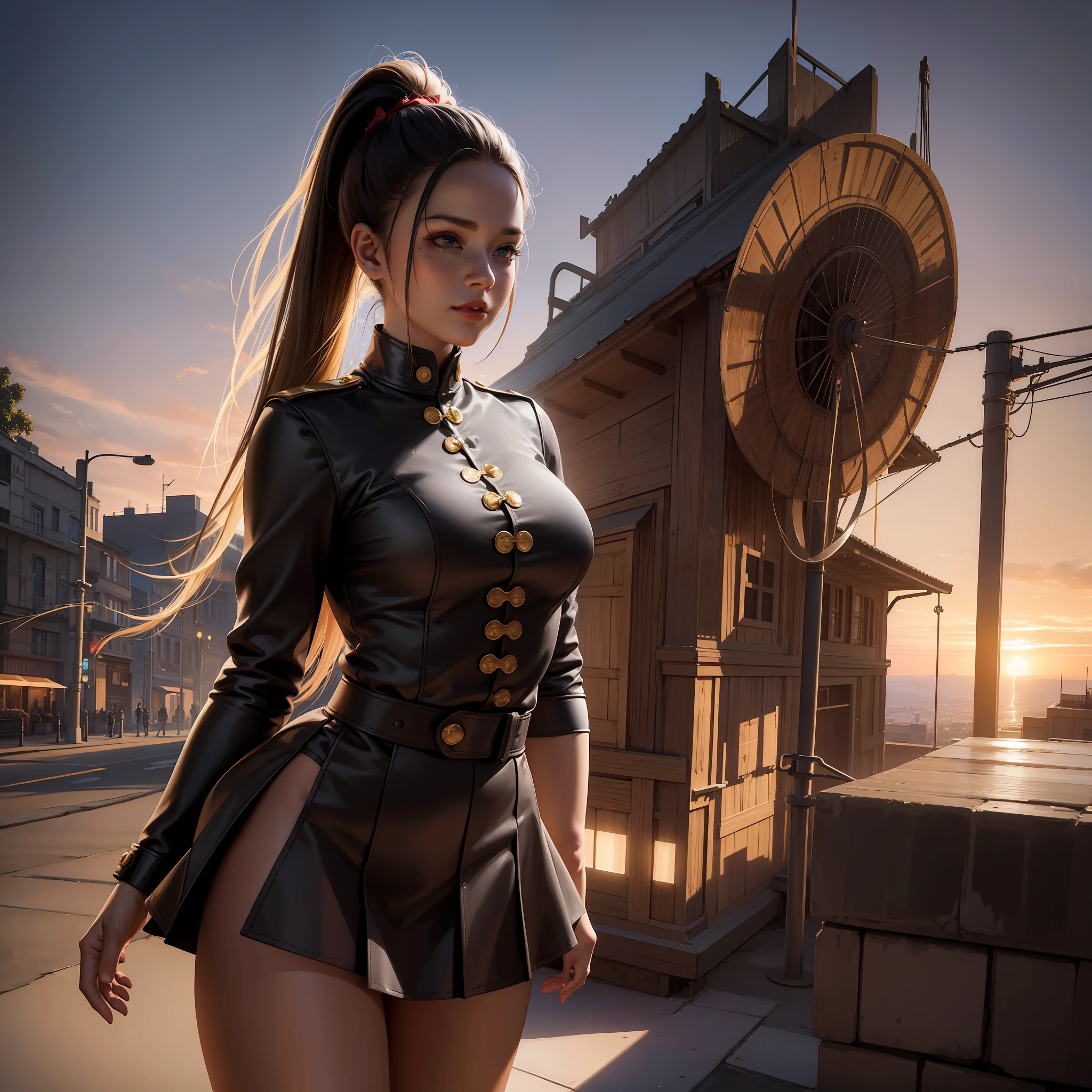 Illustrations hyper realistic, ultra detailed photograph of a BLACK woman being the character cammy from the street fighter game, military clothes, with skirt, showing the whole body, smiling, the afternoon, depth of field, HOF, hall of fame, detailed gorgeous face, scenery of an air base, natural body posture, professional photographer, captured with professional DSLR camera, trending on Artstation, 64k, ultra detailed, ultra accurate detailed, medium bokeh lighting, surrealism, Thomas Kinkade background, urban, ultra unreal engine, WLOP, Pauline Voß, Pascal Quidault, , Christian Schob, Martina Fackova, intricate, epic, freckles, peach fuzz, detailed mascara