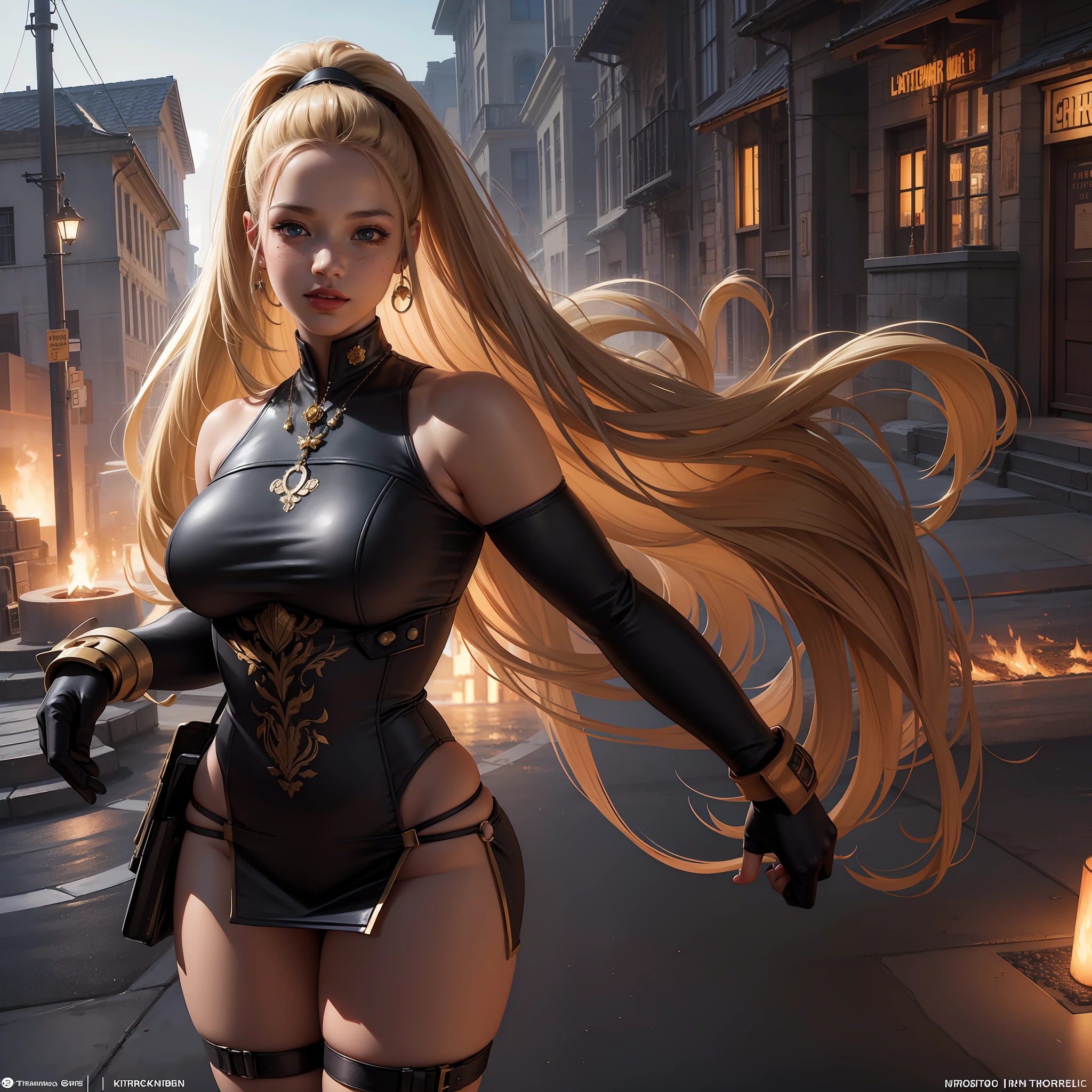 Illustrations hyper realistic, ultra detailed photograph of a BLACK woman being the character cammy from the street fighter game, military clothes, with skirt, showing the whole body, smiling, the afternoon, depth of field, HOF, hall of fame, detailed gorgeous face, scenery of an air base, natural body posture, professional photographer, captured with professional DSLR camera, trending on Artstation, 64k, ultra detailed, ultra accurate detailed, medium bokeh lighting, surrealism, Thomas Kinkade background, urban, ultra unreal engine, WLOP, Pauline Voß, Pascal Quidault, , Christian Schob, Martina Fackova, intricate, epic, freckles, peach fuzz, detailed mascara
